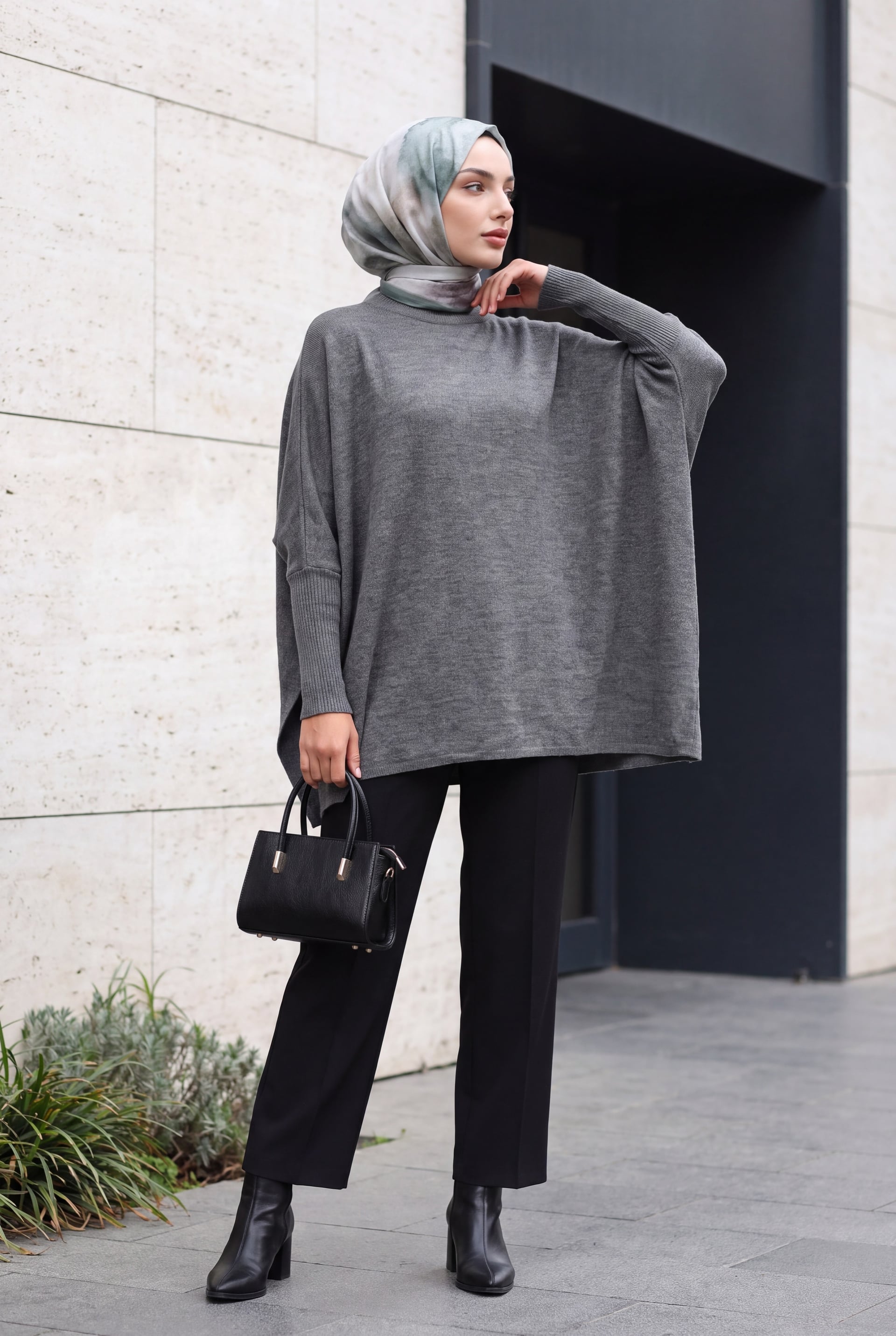 Oversize Poncho Knit Sweater with Side Slits - Light Grey - Bigdart - by Peralane