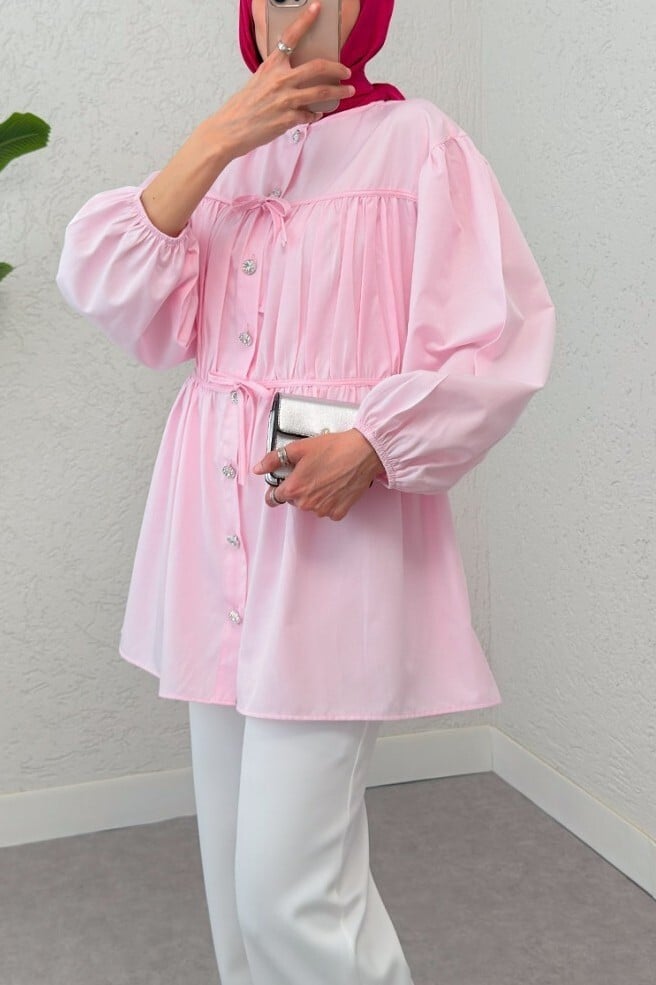 Front Lace-Up Detail Full-Length Button Shirt Tunic - Powder Pink - Podyumplus - by Peralane