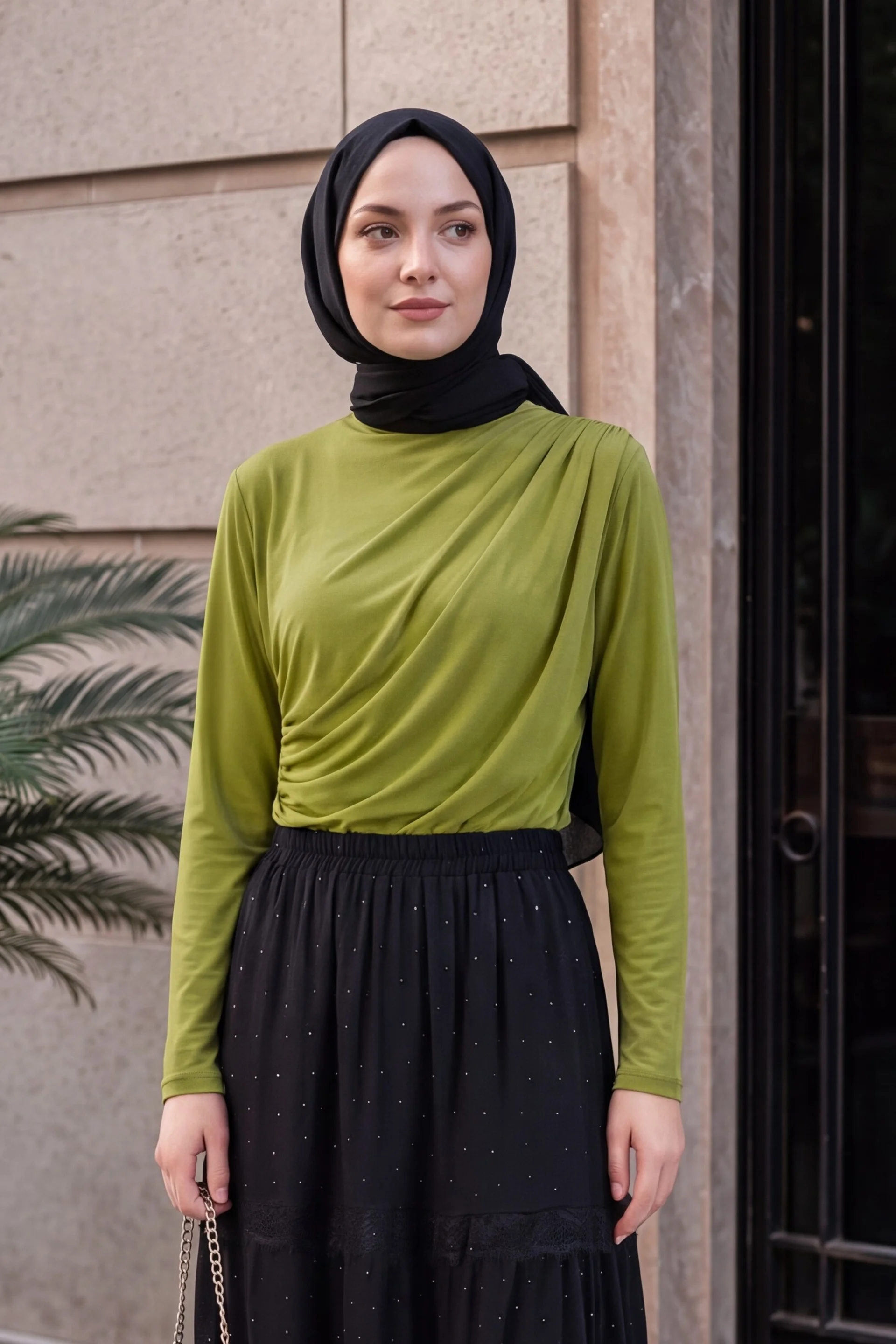 Half Turtleneck Draped Sandy Blouse - Oil Green - Podyumplus - by Peralane - photo 2