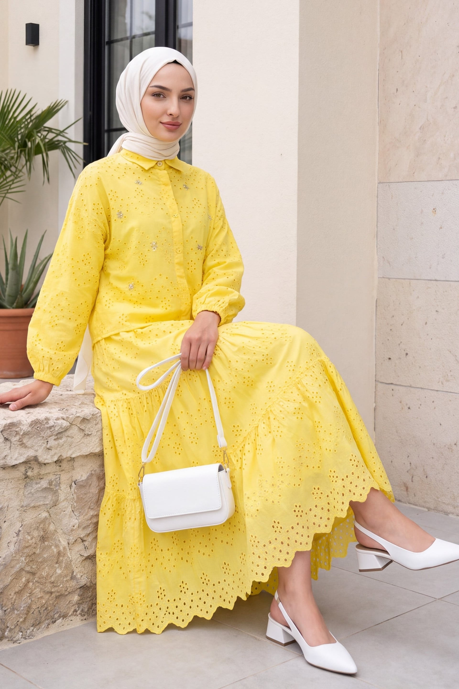 Yellow Eyelet Tiered Dress with Ruffled Hem - Podyumplus - by Peralane