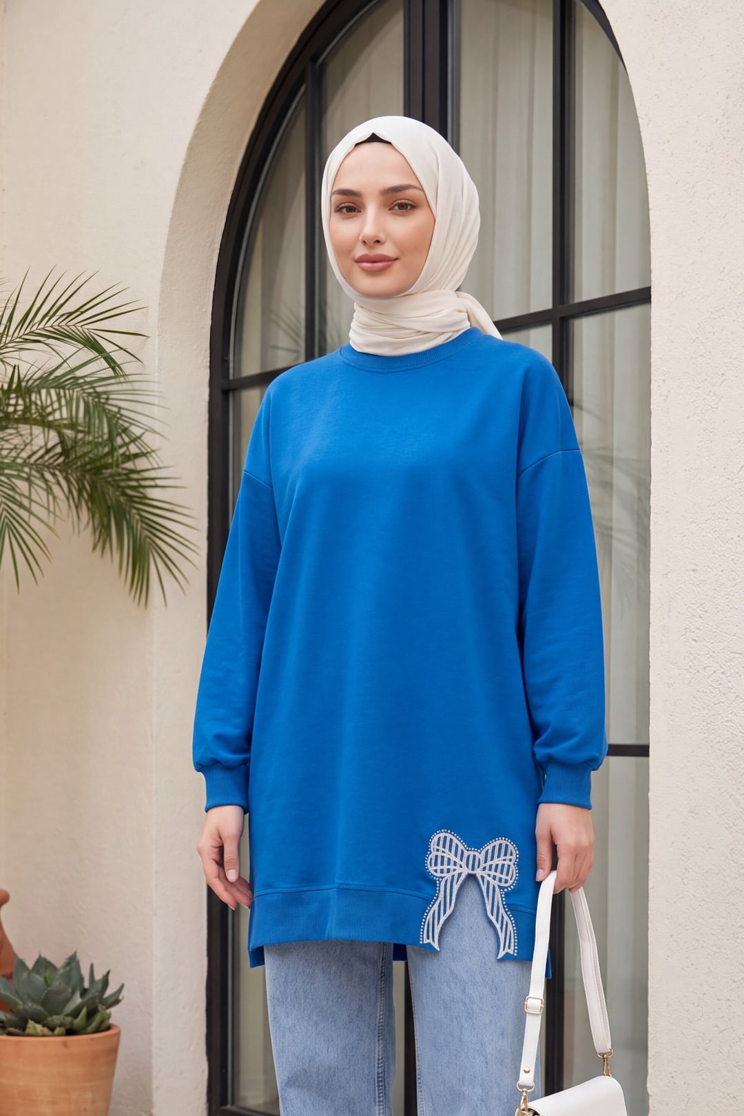 Round Neck Bow Detail Casual Knit Tunic - Blue - Podyumplus - by Peralane