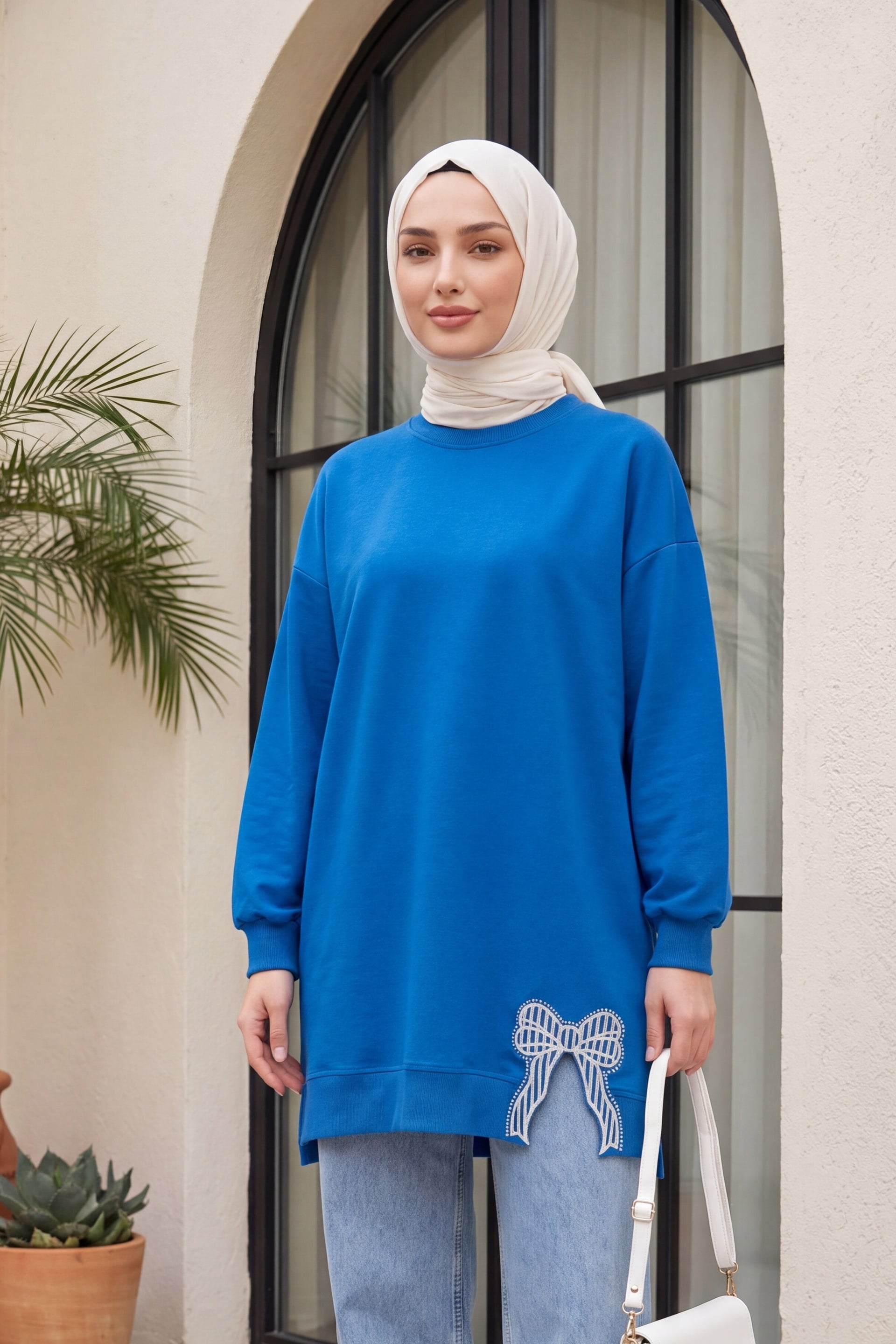 Round Neck Bow Detail Casual Knit Tunic - Blue - Podyumplus - by Peralane