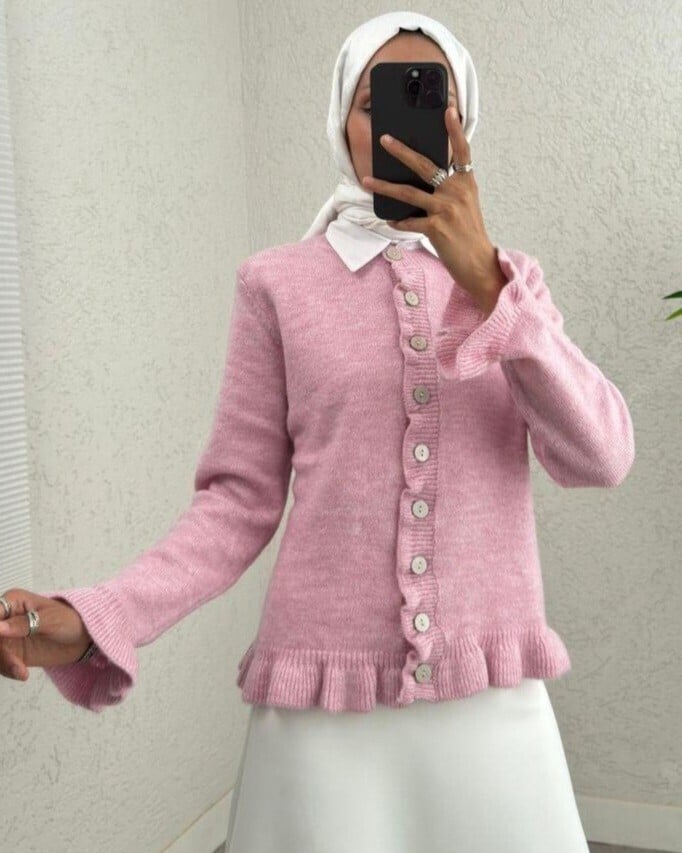Pink Button-Front Cardigan with Ruffled Hem - Modest Style - Podyumplus - by Peralane - photo 2