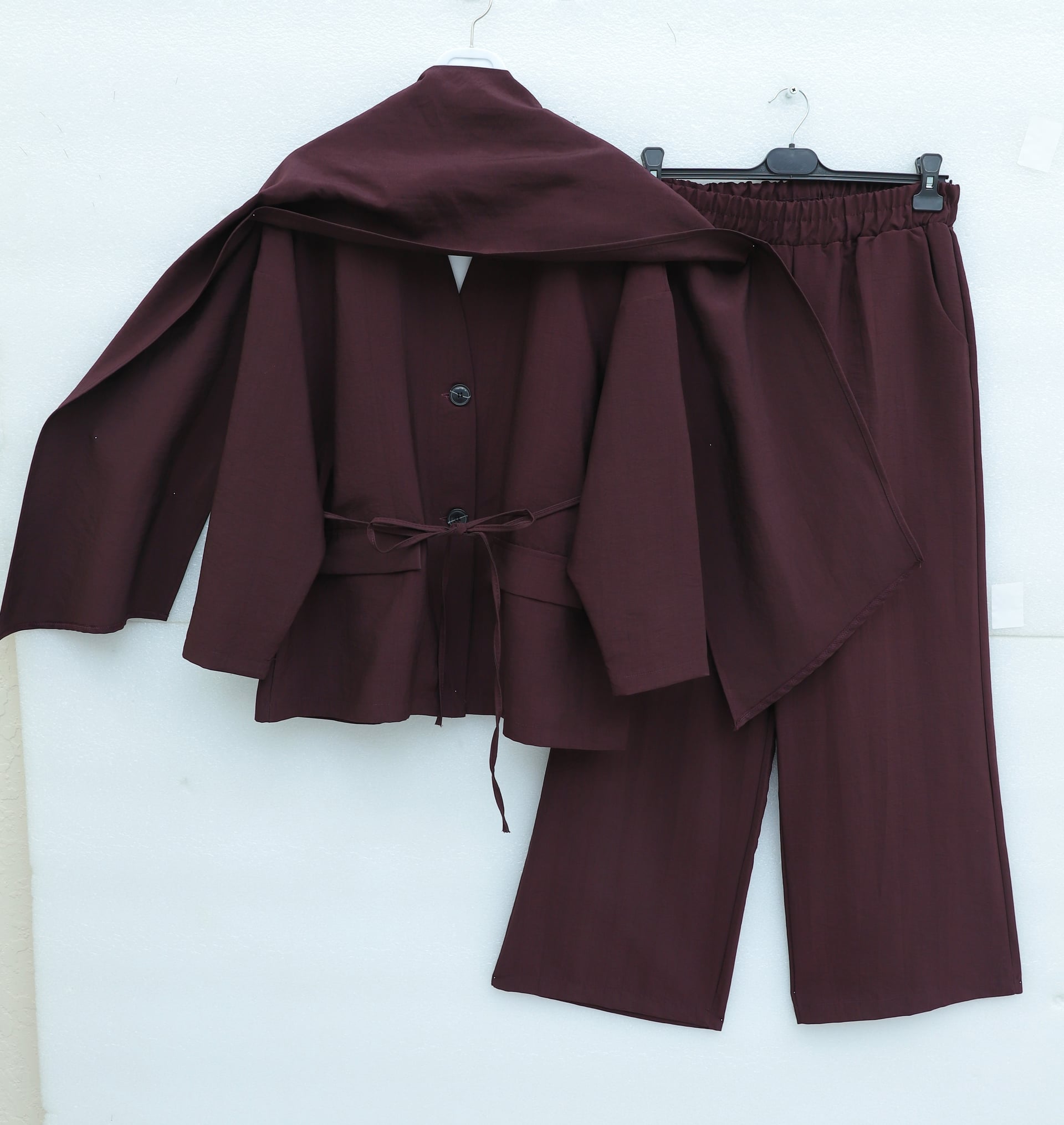 Cape Detail V-Neck Lace-Up Parachute Modest Set - Plum - Podyumplus - by Peralane - photo 11