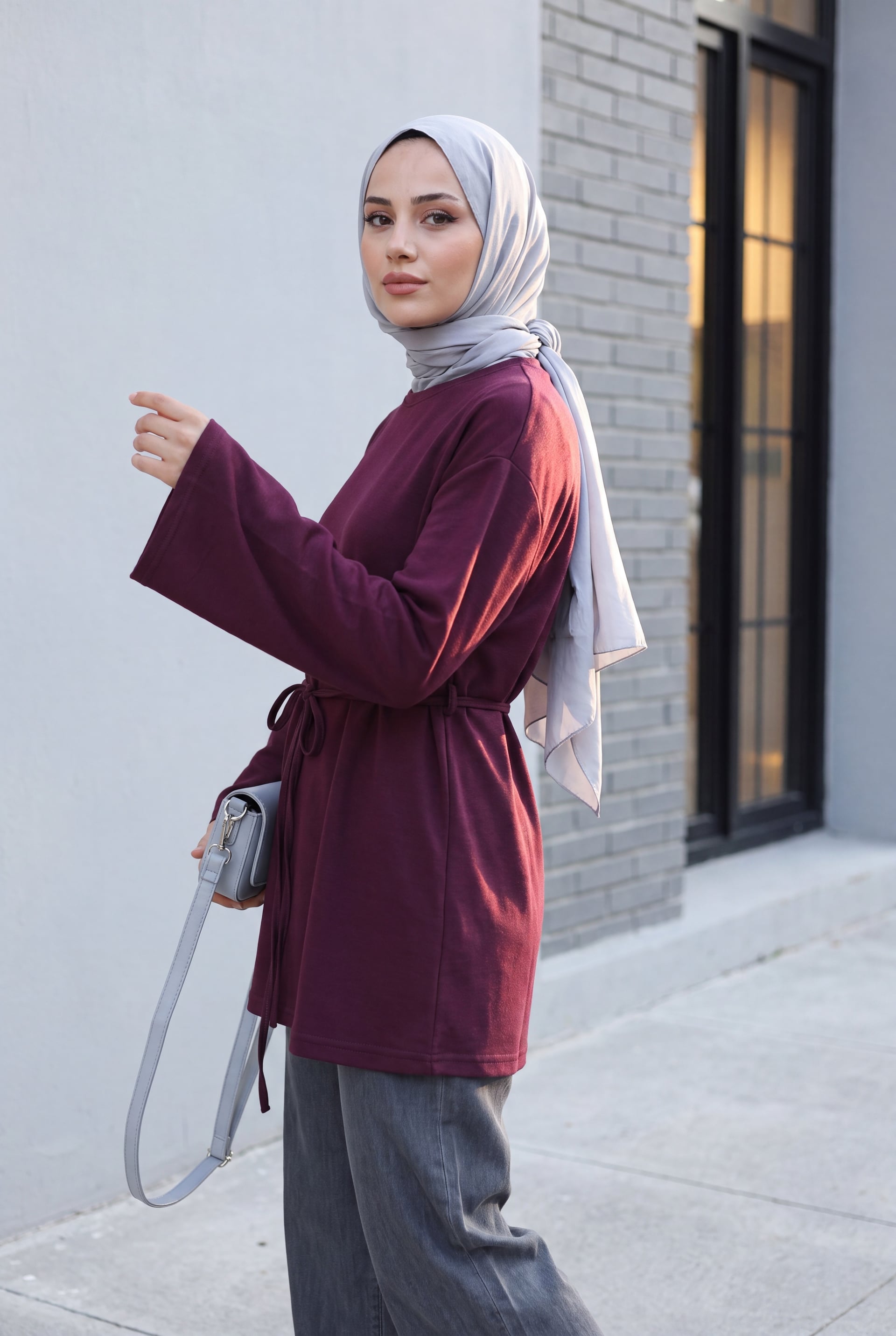 Plum Round Neck Self-Tie Waist Tunic - Podyumplus - by Peralane - photo 5