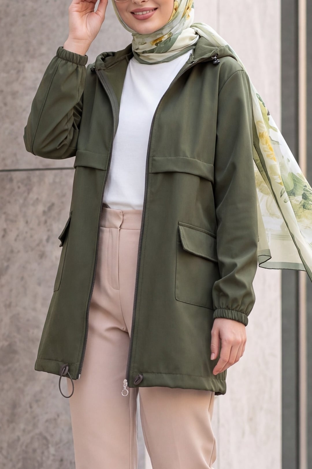 Hooded Zip-Up Raincoat with Flap Pockets - Olive Green - Podyumplus - by Peralane