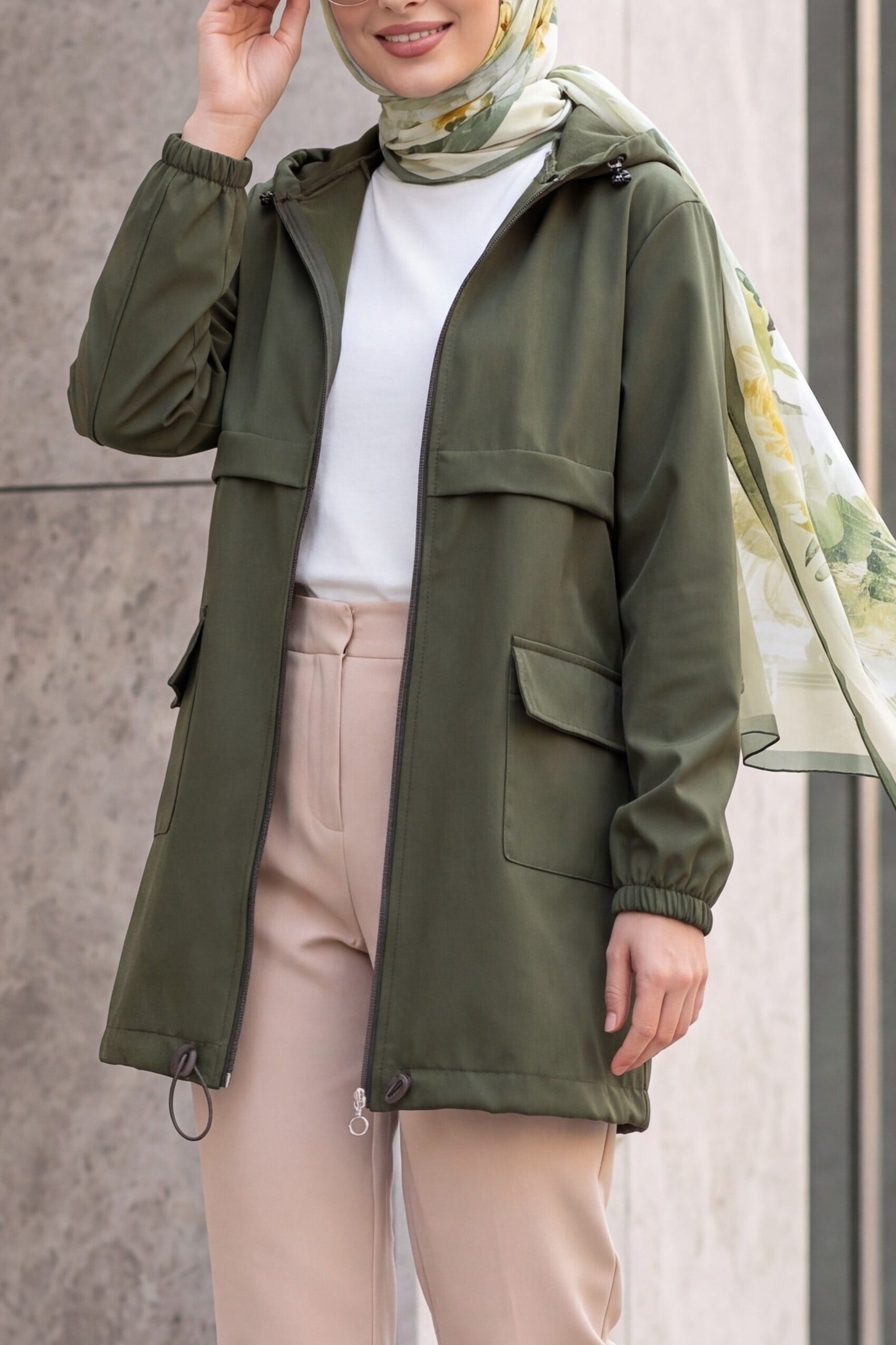 Hooded Zip-Up Raincoat with Flap Pockets - Olive Green - Podyumplus - by Peralane