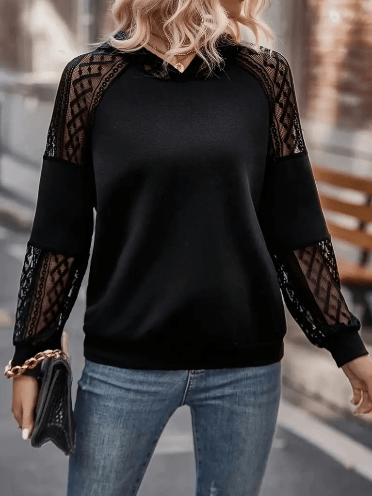 Women's Long Sleeve Lace Hooded Viscose Two-Thread Blouse - Black - Janes - by Peralane - photo 3