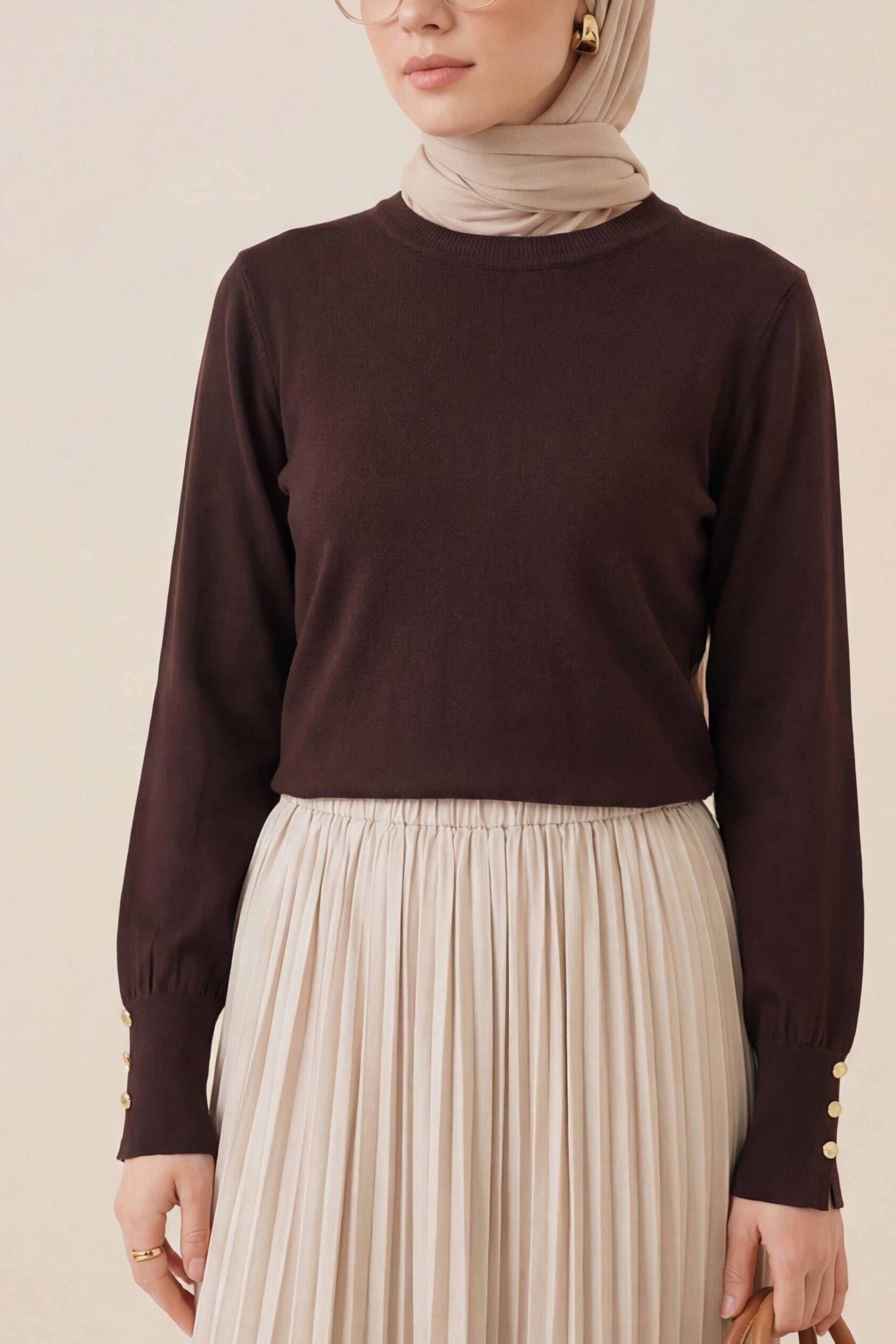 Round Neck Knit Tunic with Button Details - Dark Brown - Podyumplus - by Peralane - photo 2