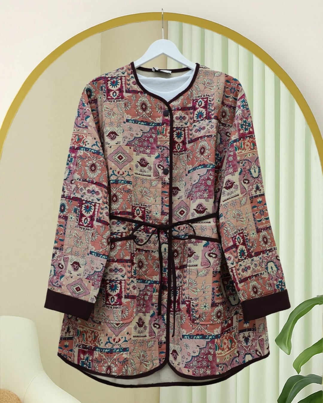 Women's Ethnic Pattern Jacket with Folded Sleeves and Waist Tie - Beige - Podyumplus - by Peralane - photo 3