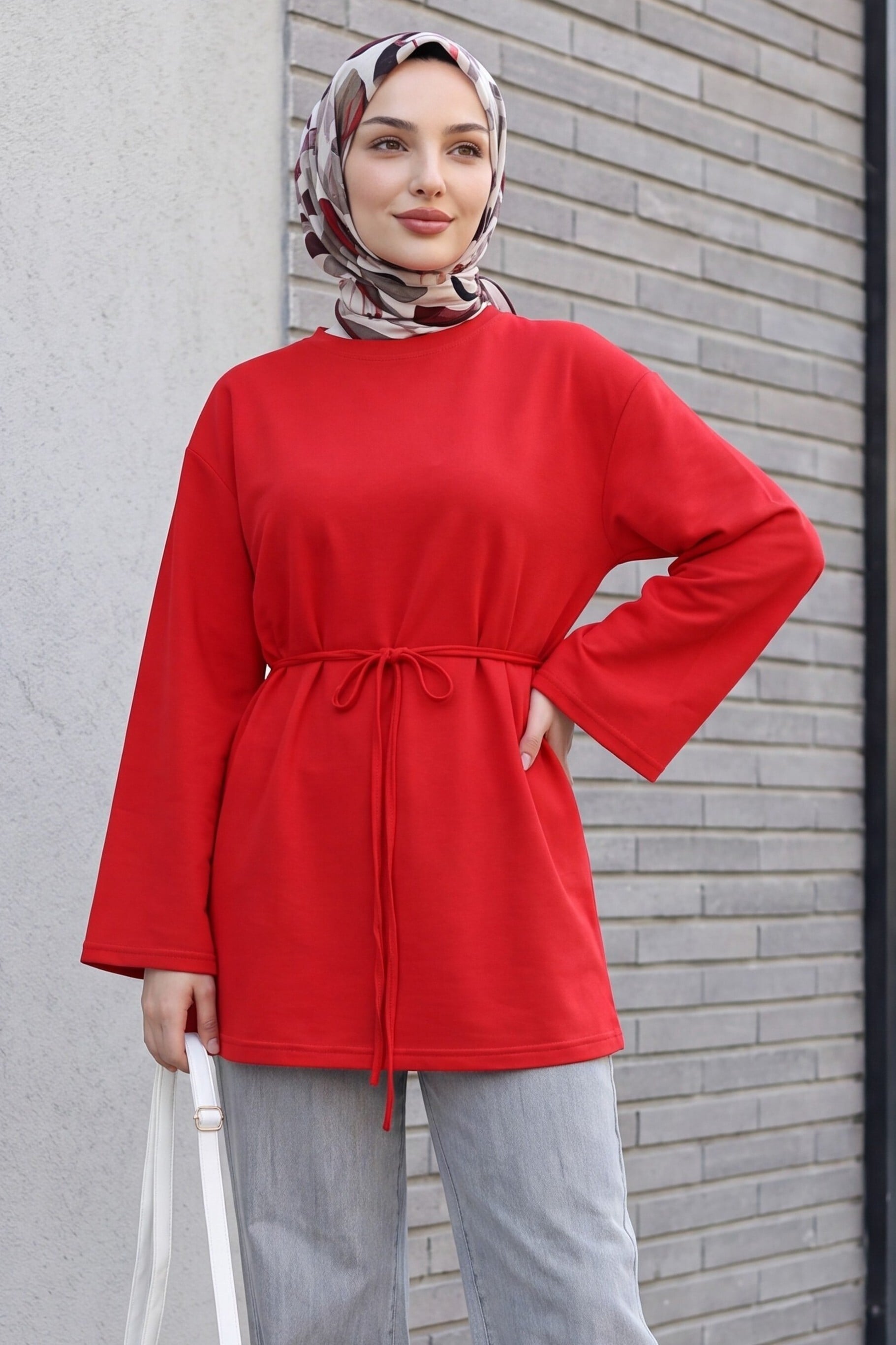 Round Neck Tie Waist Knit Tunic - Red - Podyumplus - by Peralane - photo 7