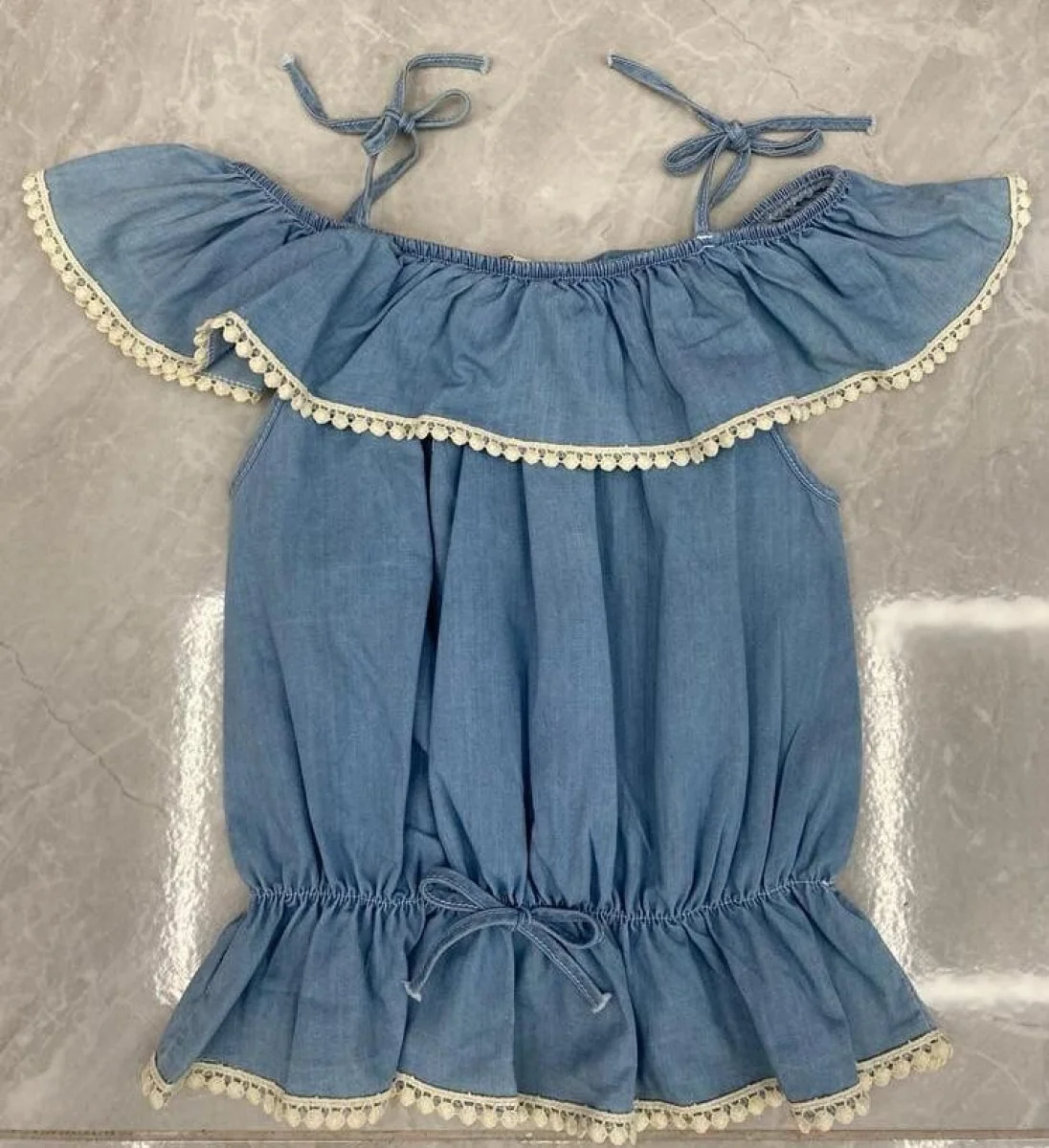 Girls' Light Blue Denim-Look Off-Shoulder Blouse with Lace Trim - Busra Bebe - by Peralane