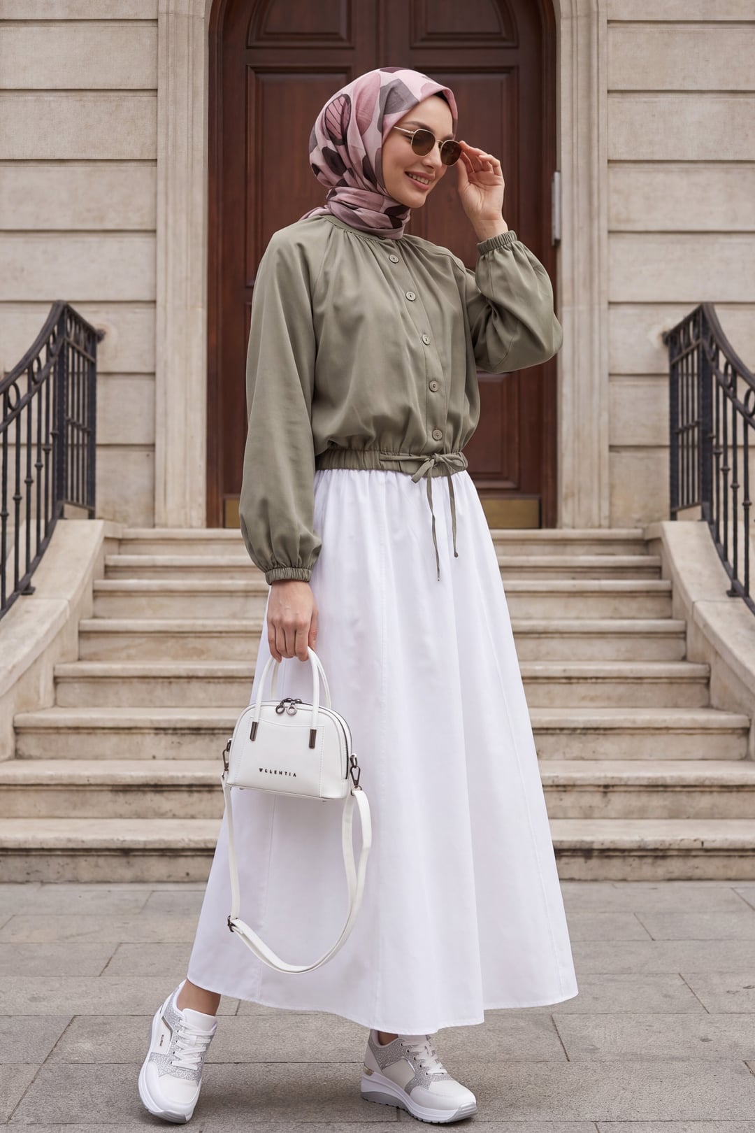 Hakim Collar Buttoned Diagonal Blouse with Elasticated Waist and Sleeves - Khaki Green - Podyumplus - by Peralane - photo 4