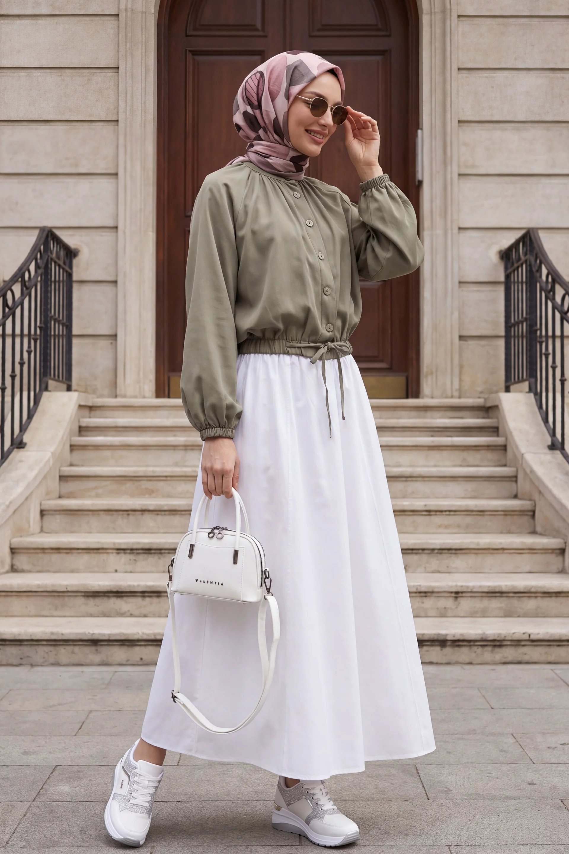 Hakim Collar Buttoned Diagonal Blouse with Elasticated Waist and Sleeves - Khaki Green - Podyumplus - by Peralane - photo 4