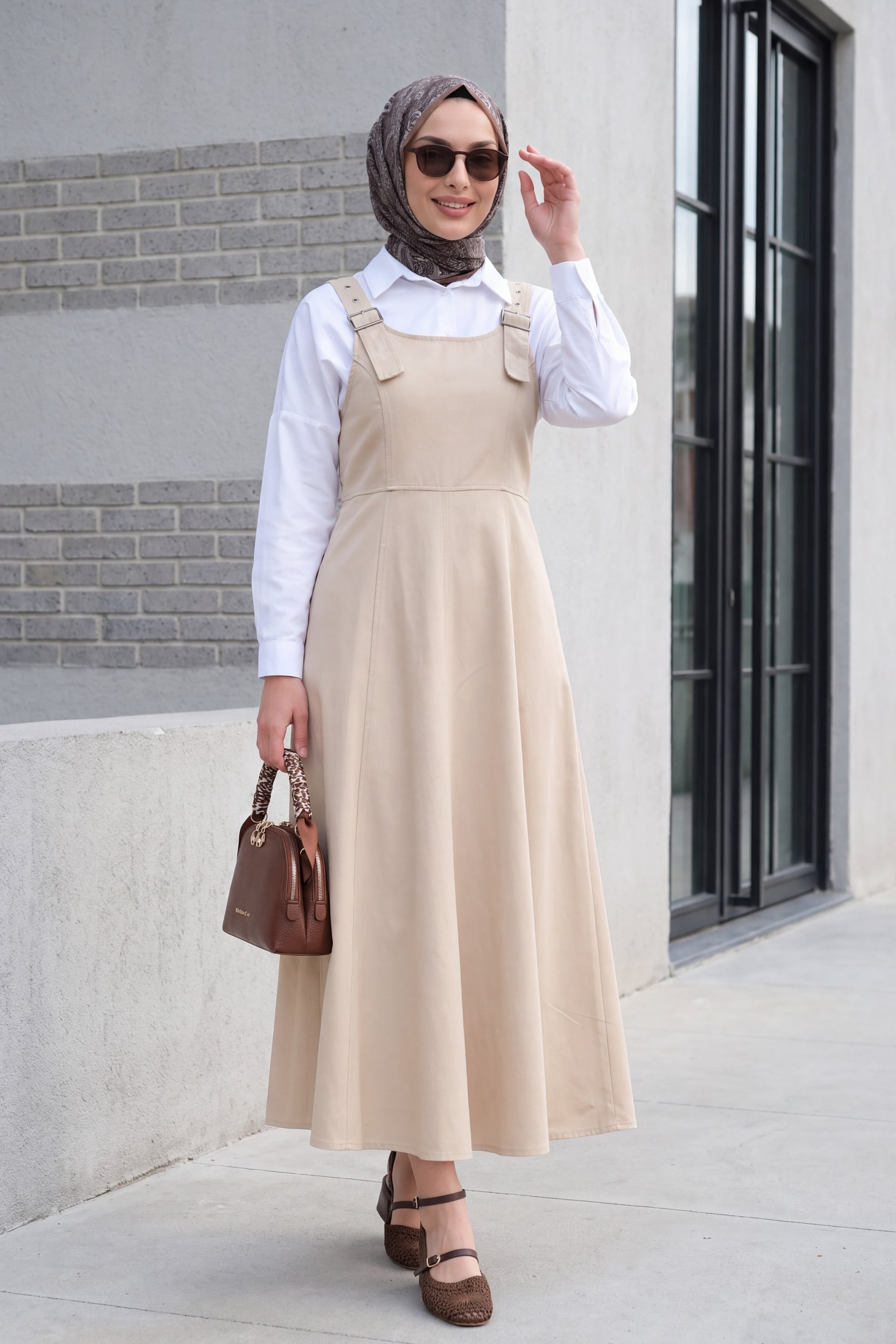 Half Zip Strap Gabardine Pinafore Dress - Beige - Podyumplus - by Peralane - photo 2