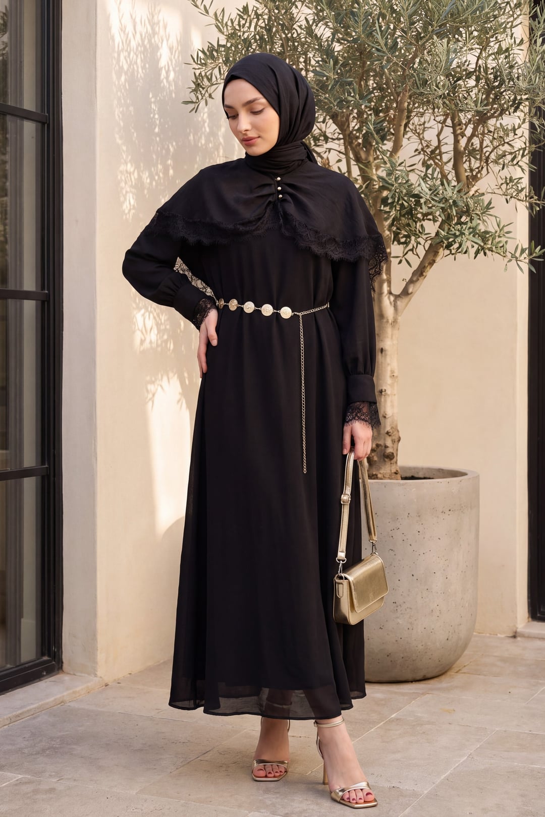 Black Lace Trim Cape Detail Belted Lined Ibiza Dress - Podyumplus - by Peralane - photo 3