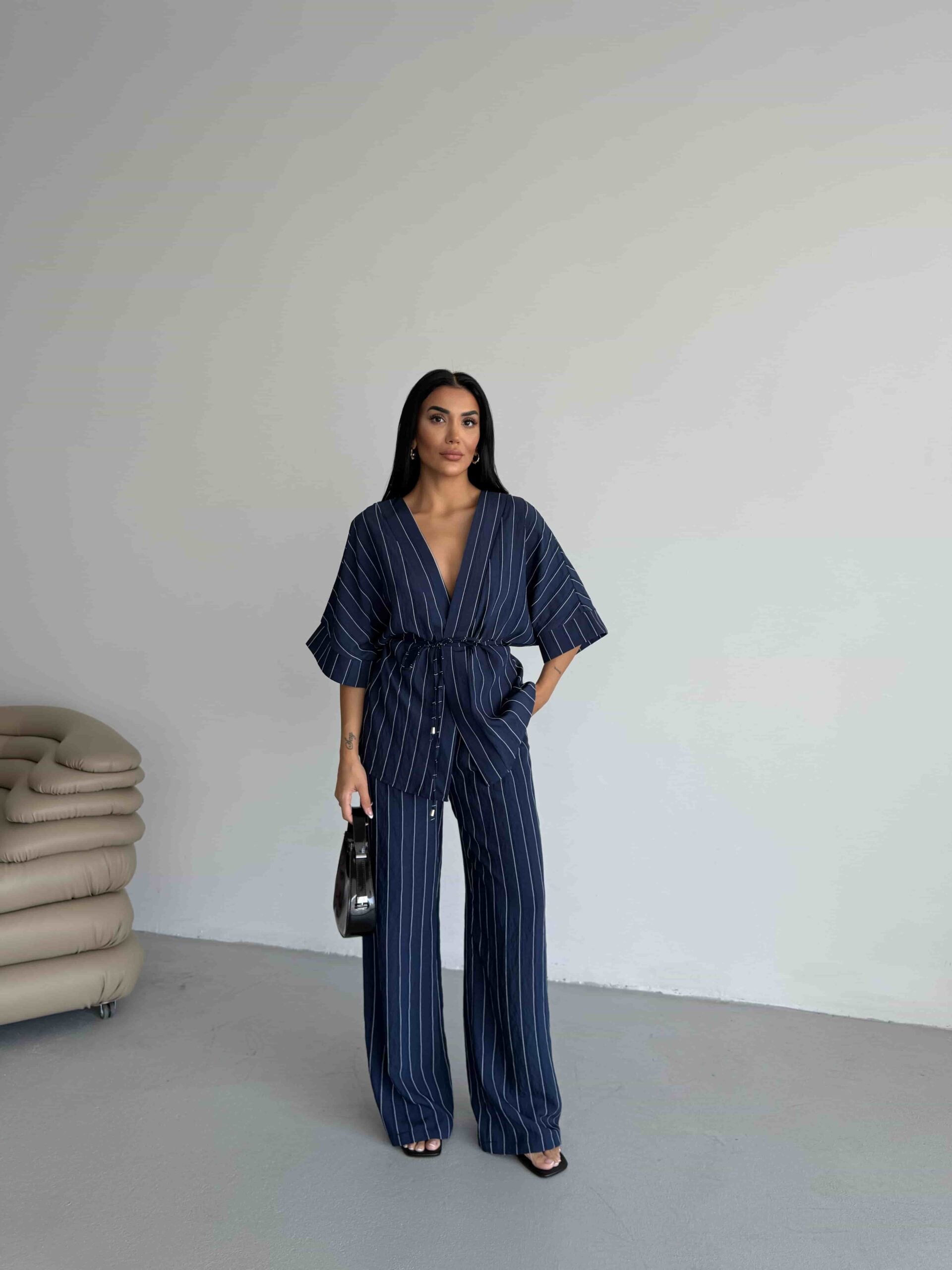 Navy Pinstriped Kimono Top and Wide-Leg Trousers Set - My Bee - by Peralane