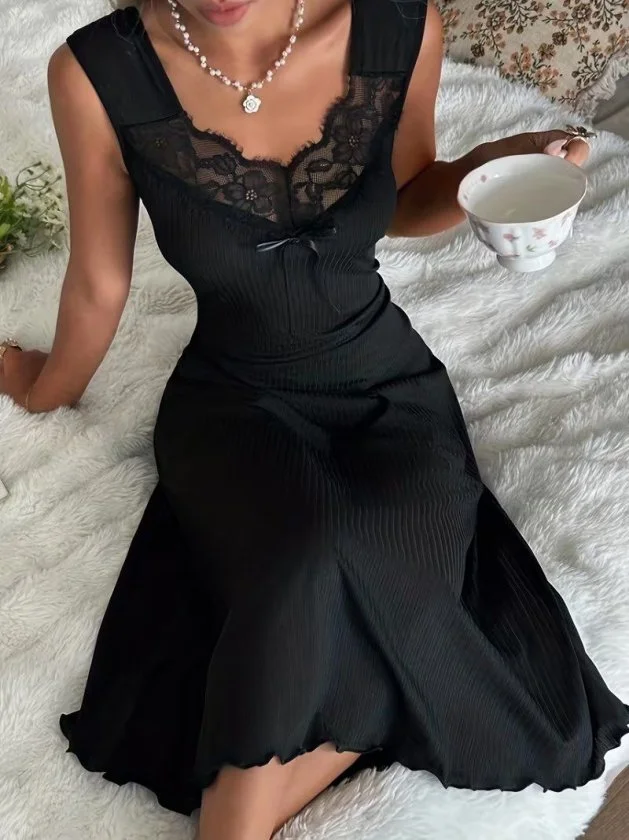 Women's Black Sleeveless Lace Trim Ribbed Knit Night Dress - Janes - by Peralane