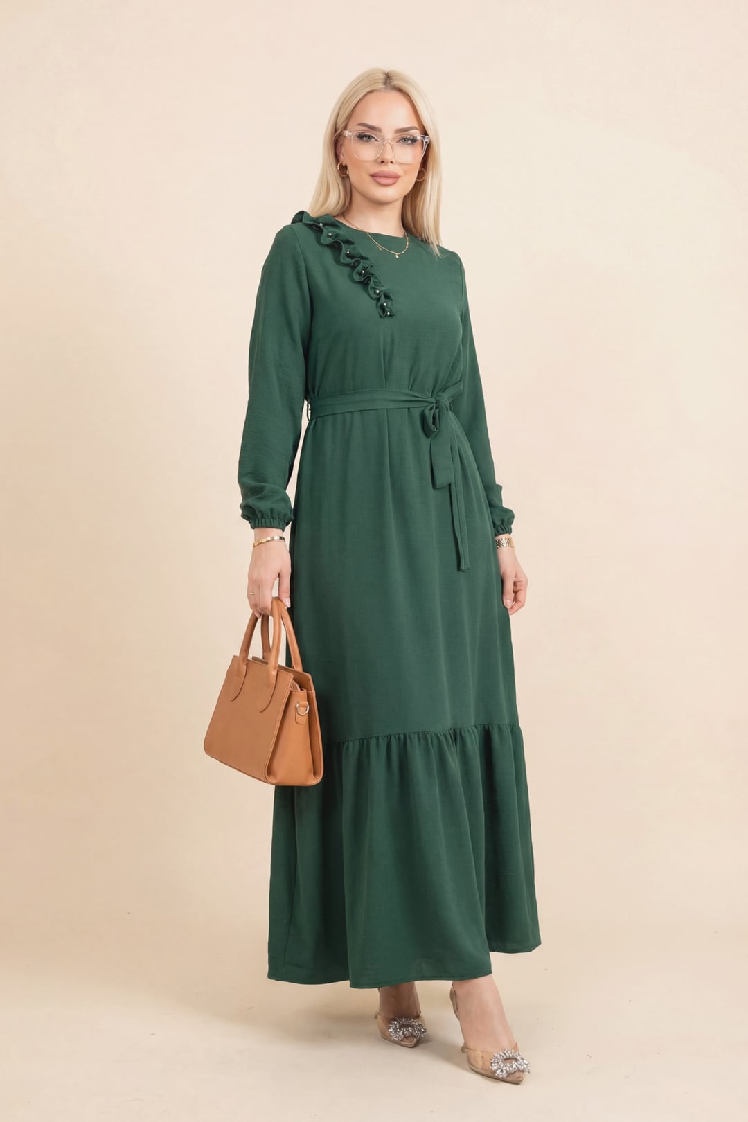 Ruffled Beaded Tiered Maxi Dress with Belt - Emerald - Podyumplus - by Peralane - photo 4