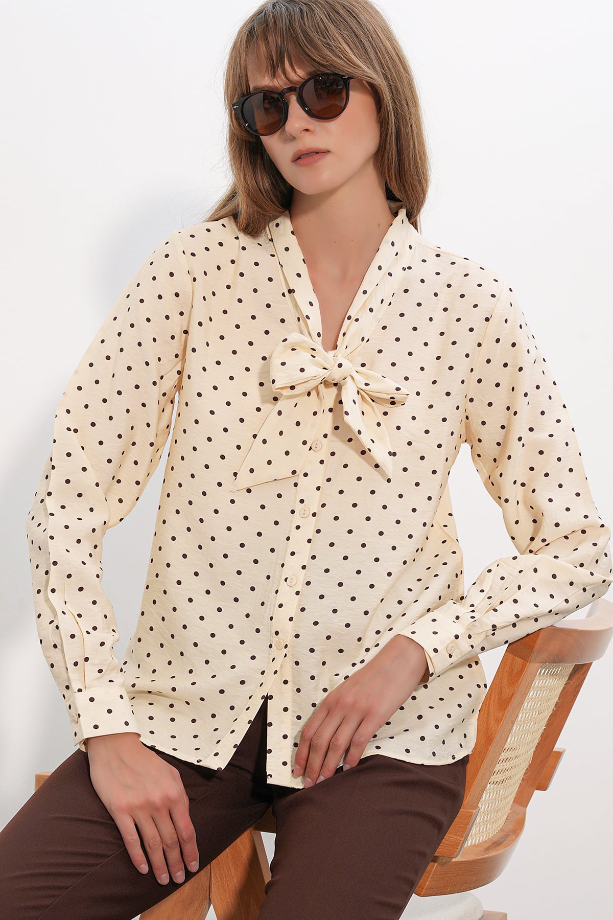 Women's Cream Polka Dot Pussy Bow Blouse - Bigdart - by Peralane - photo 5
