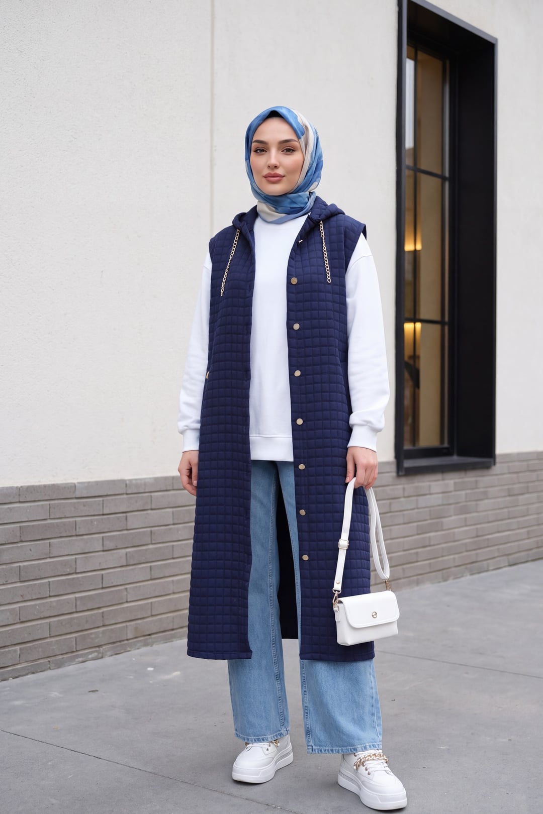 Quilted Long Vest with Hood and Buttons - Navy - Podyumplus - by Peralane - photo 4