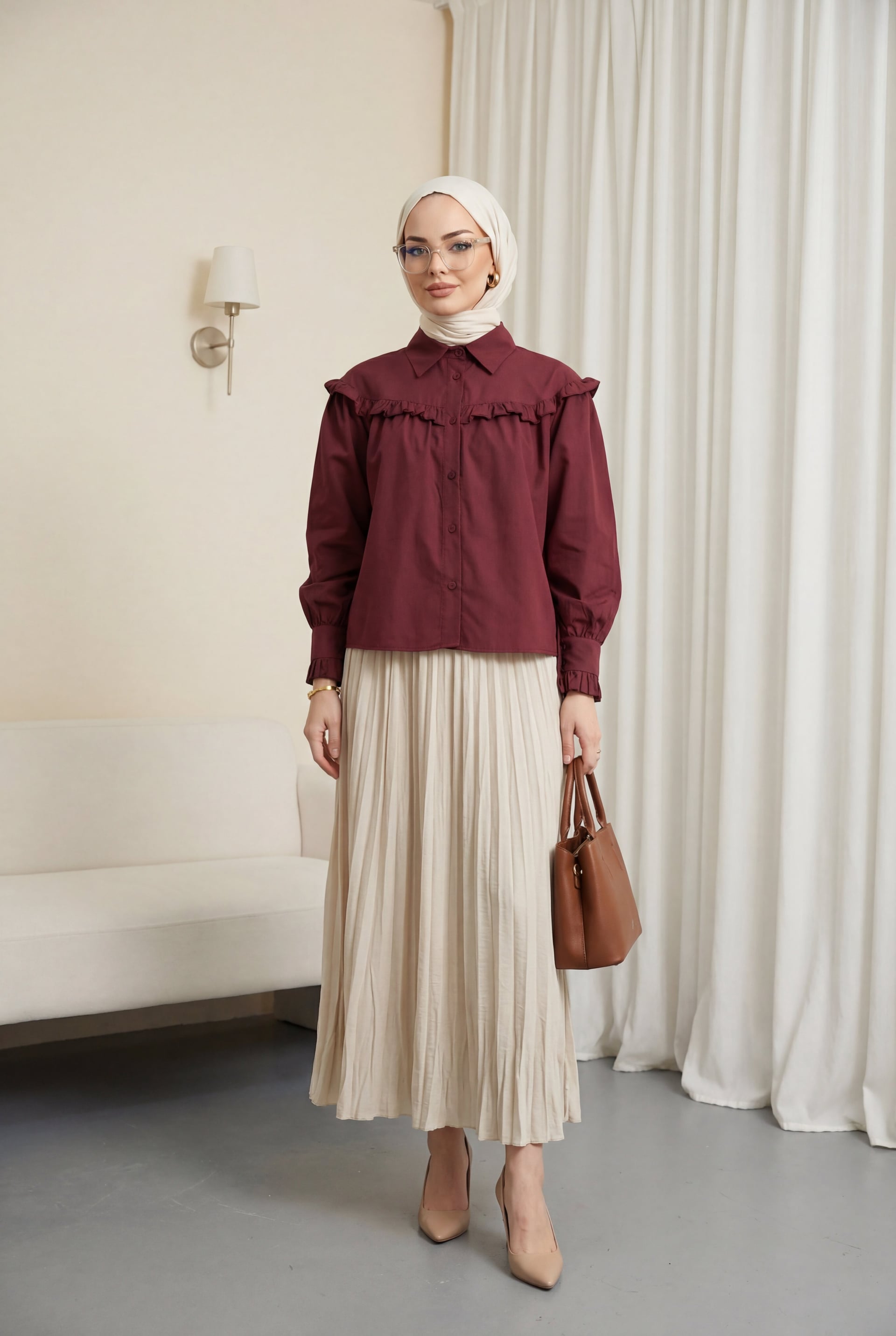 Elasticated Waist Crinkle Skirt - Beige - Podyumplus - by Peralane - photo 4