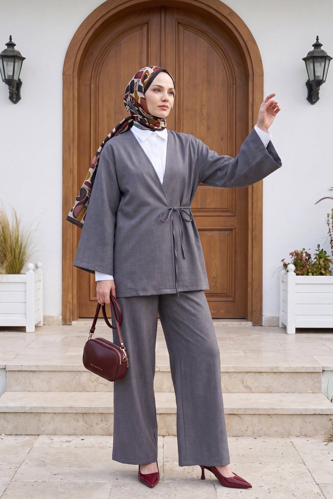 Front-Tie Wrap Top and Wide-Leg Trouser Two-Piece Set in Dark Grey - Podyumplus - by Peralane - photo 2