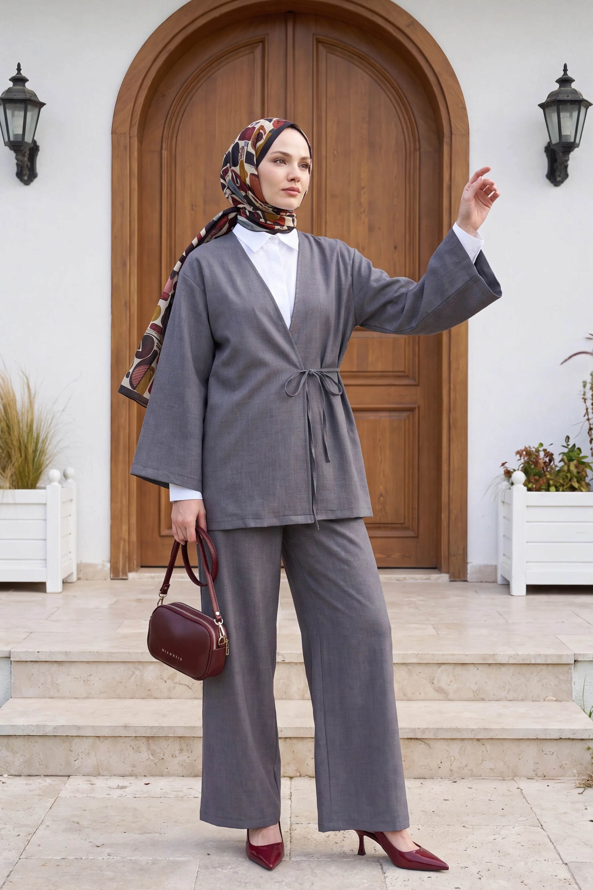 Front-Tie Wrap Top and Wide-Leg Trouser Two-Piece Set in Dark Grey - Podyumplus - by Peralane - photo 2