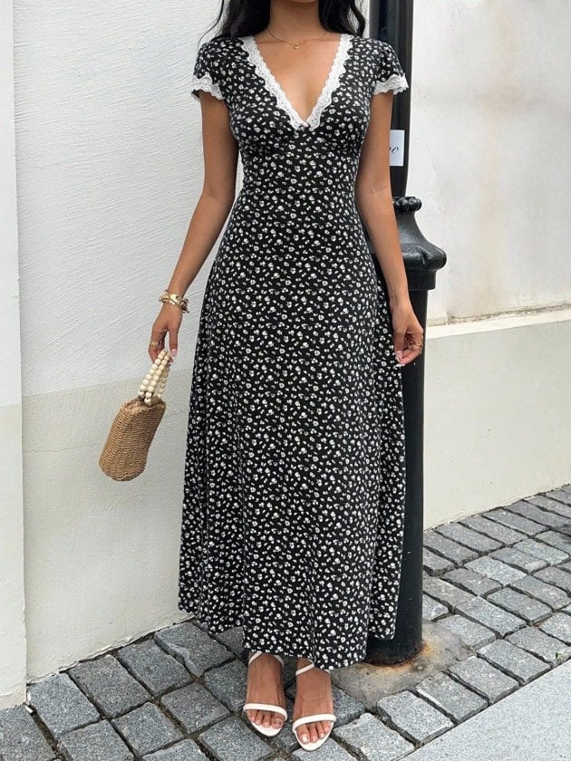 Women's Short Sleeve Deep V-Neck Lace Detail Floral Print Long Suprem Dress - Janes - by Peralane - photo 3