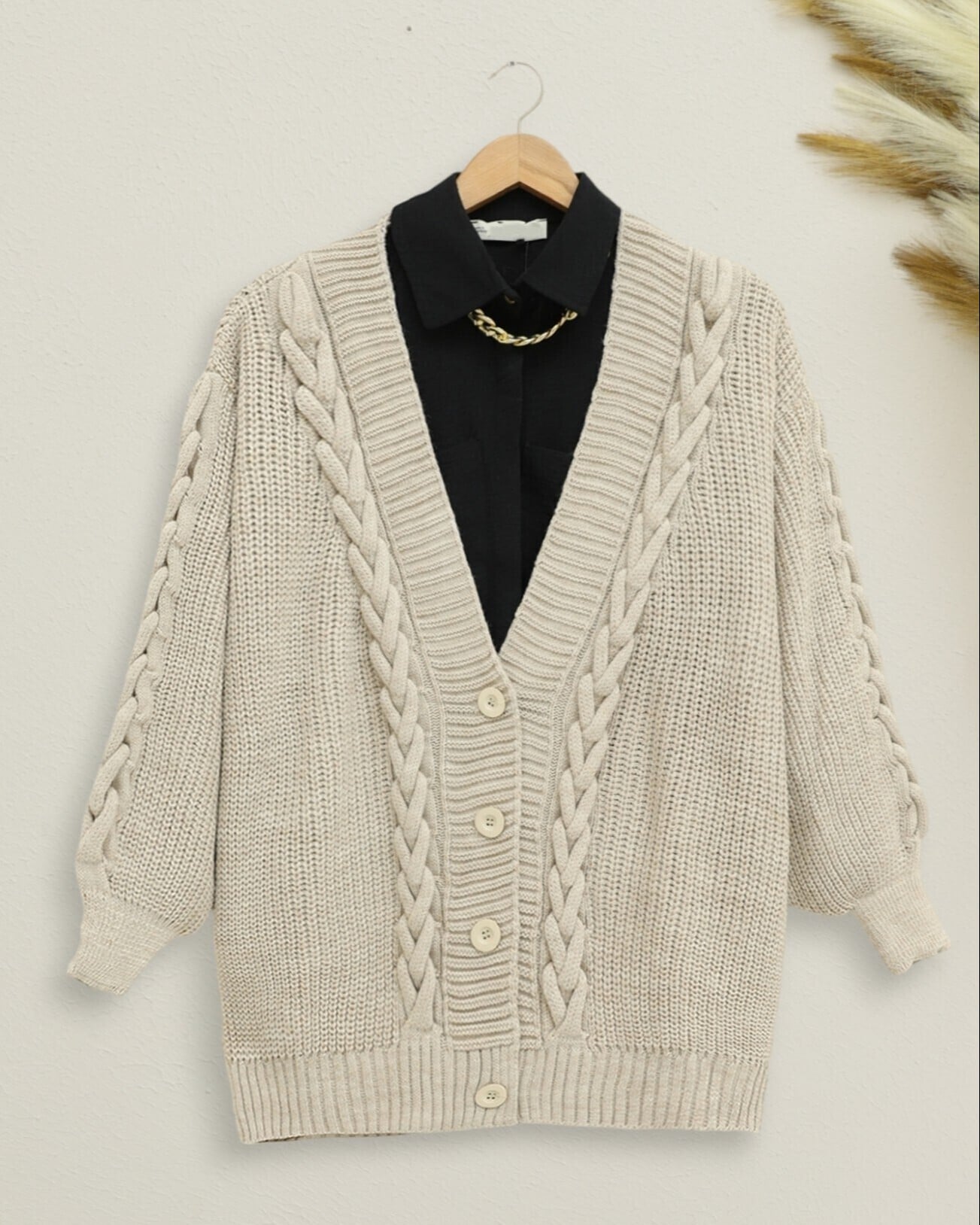 Cable Knit Button Front Cardigan - Stone - Podyumplus - by Peralane - photo 4