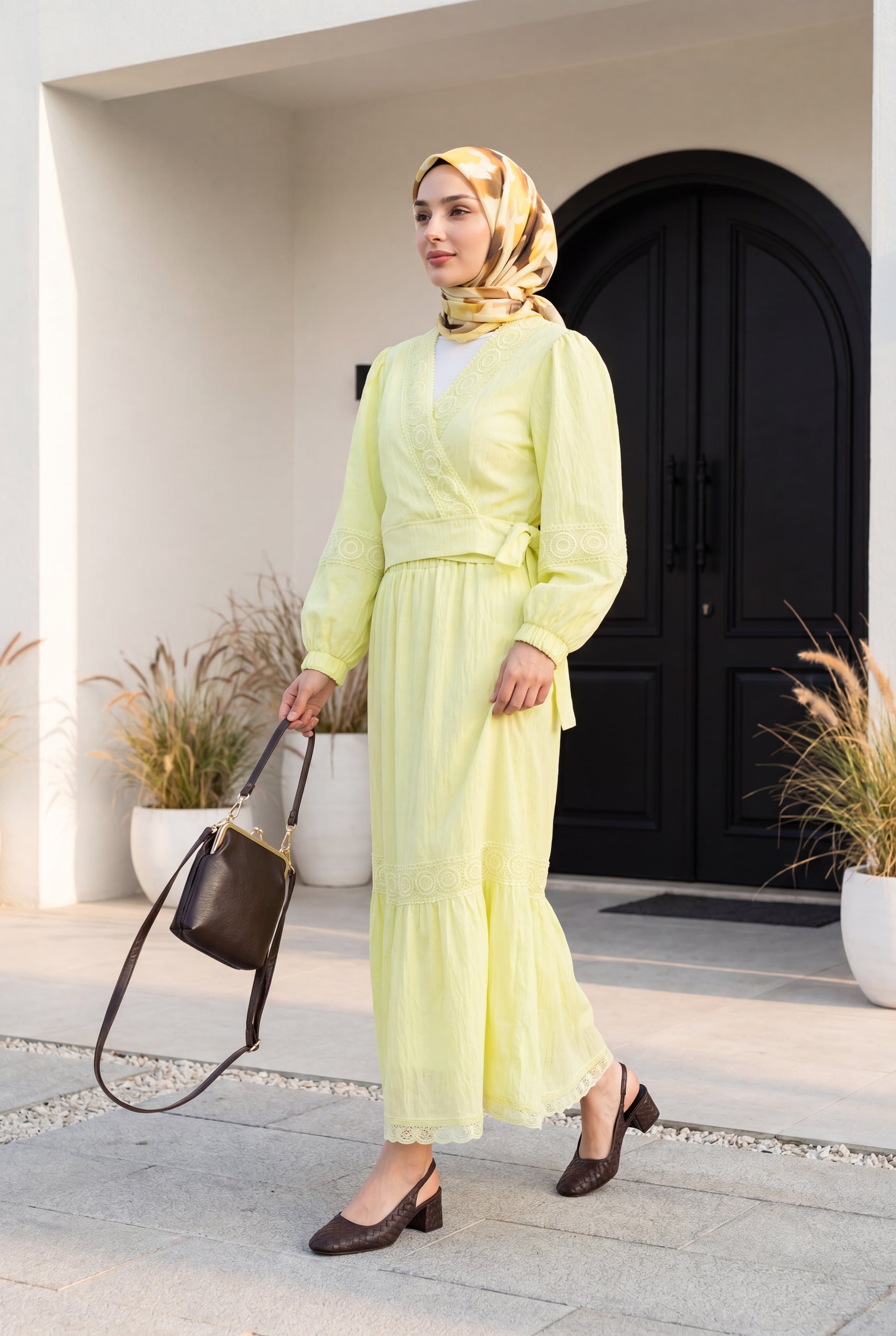 Lace Trim Wrap Blouse and Tiered Skirt Co-ord Set - Light Yellow - Podyumplus - by Peralane - photo 3
