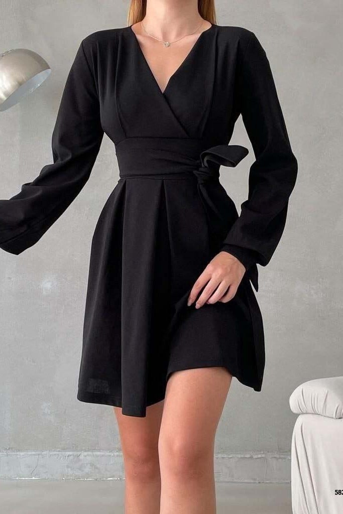 Black Wrap Dress with Tie Belt and Buttoned Sleeves - Podyumplus - by Peralane