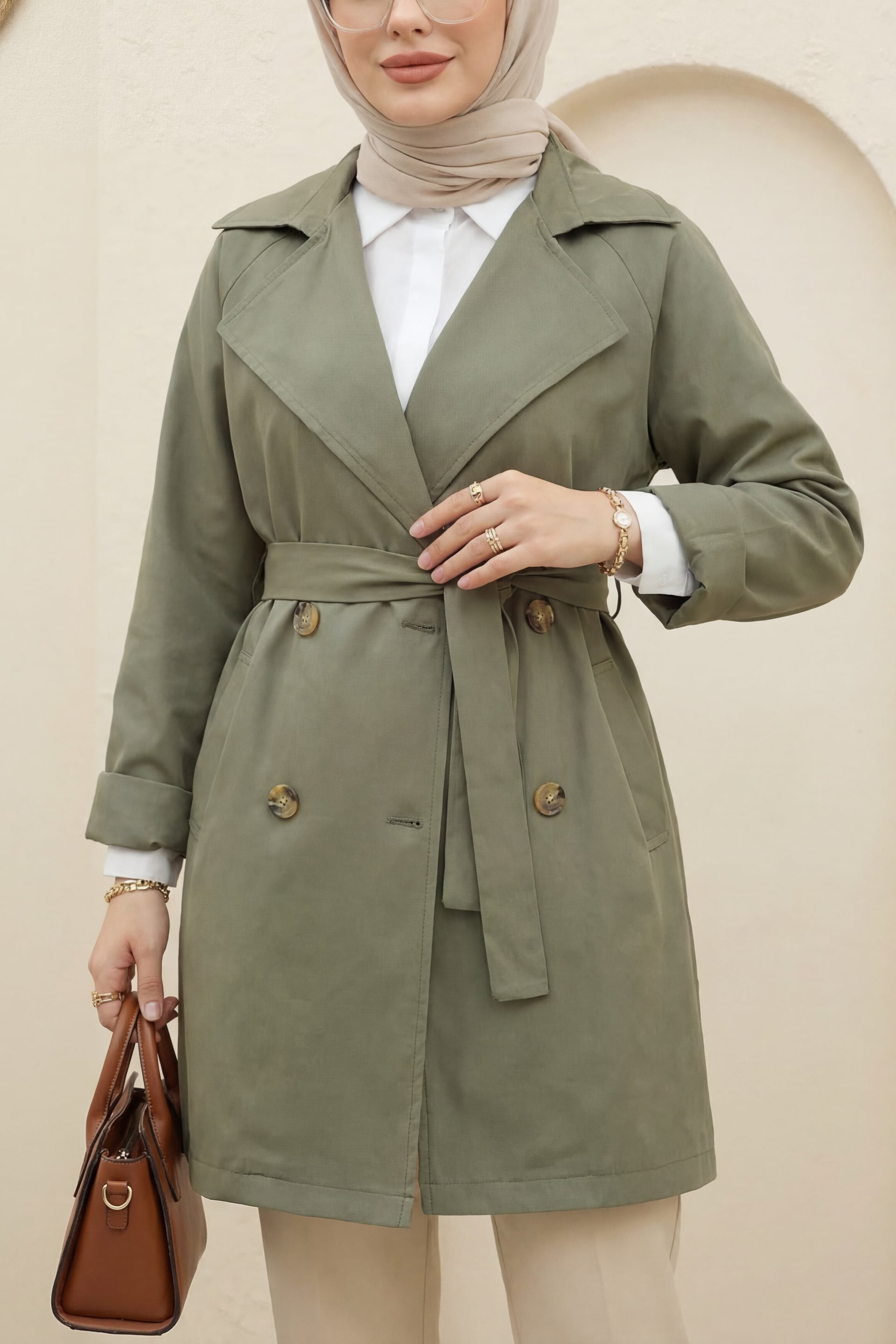 Bolero Detail Double-Breasted Mid-Length Trench Coat - Olive Green - Podyumplus - by Peralane - photo 2