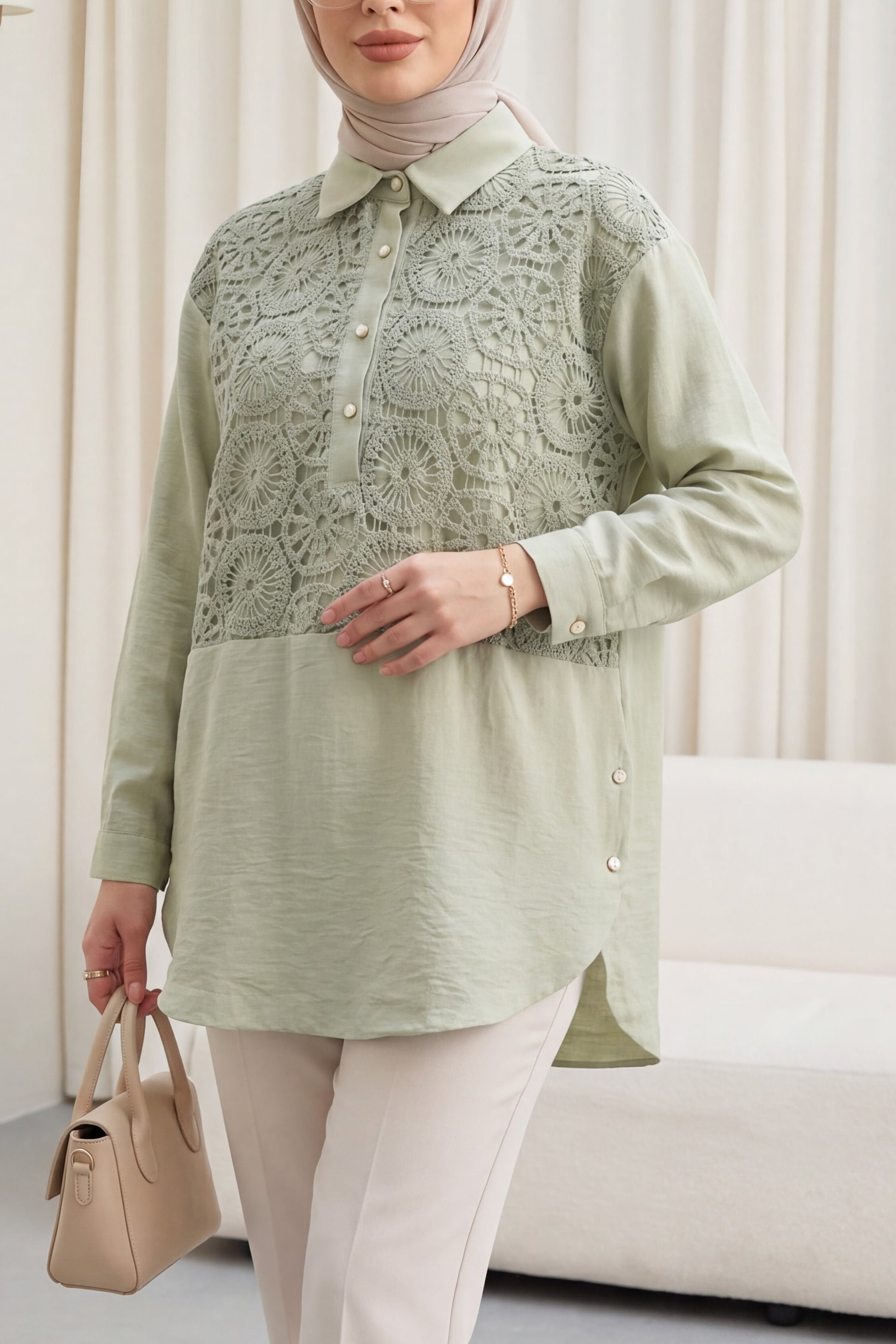 Lace Trim Button Detail Tunic Shirt - Light Green - Podyumplus - by Peralane - photo 7