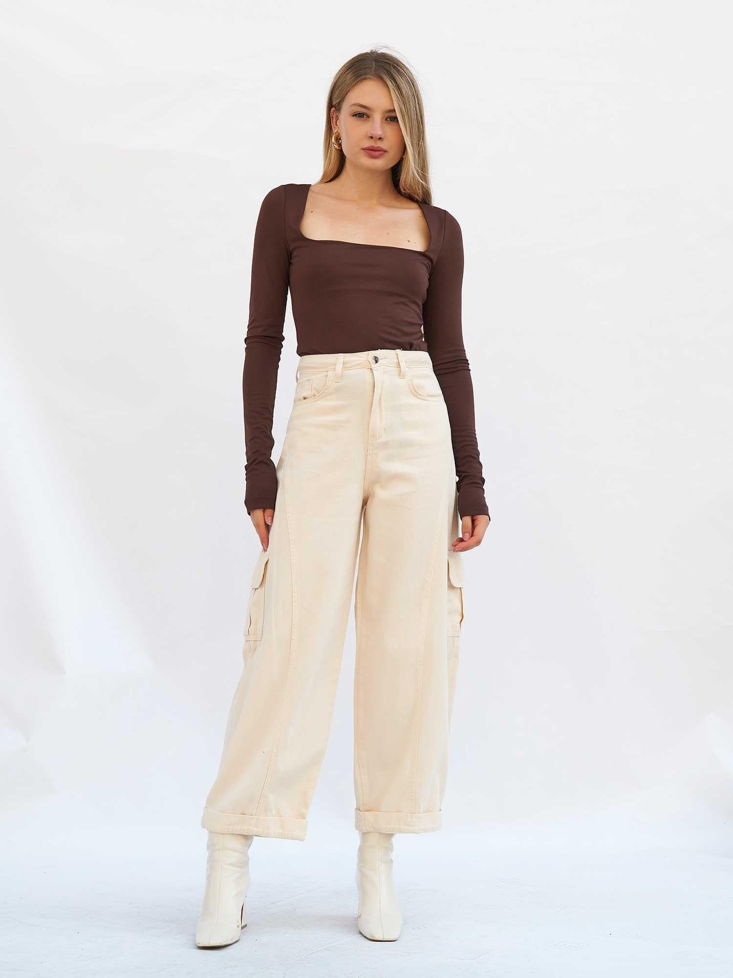 Women's Gabardine Cargo Pants with High Waist - Lefon - by Peralane
