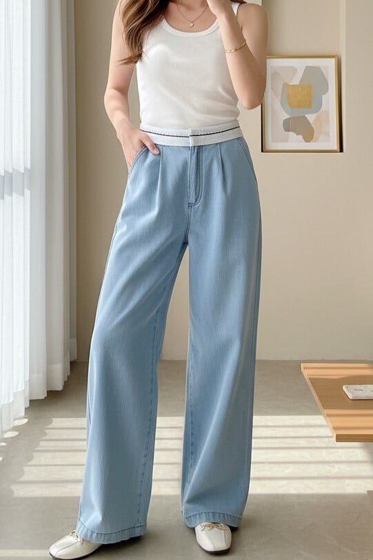 Light Blue High-Waist Wide-Leg Denim Trousers with Belt Detail - Podyumplus - by Peralane - photo 7