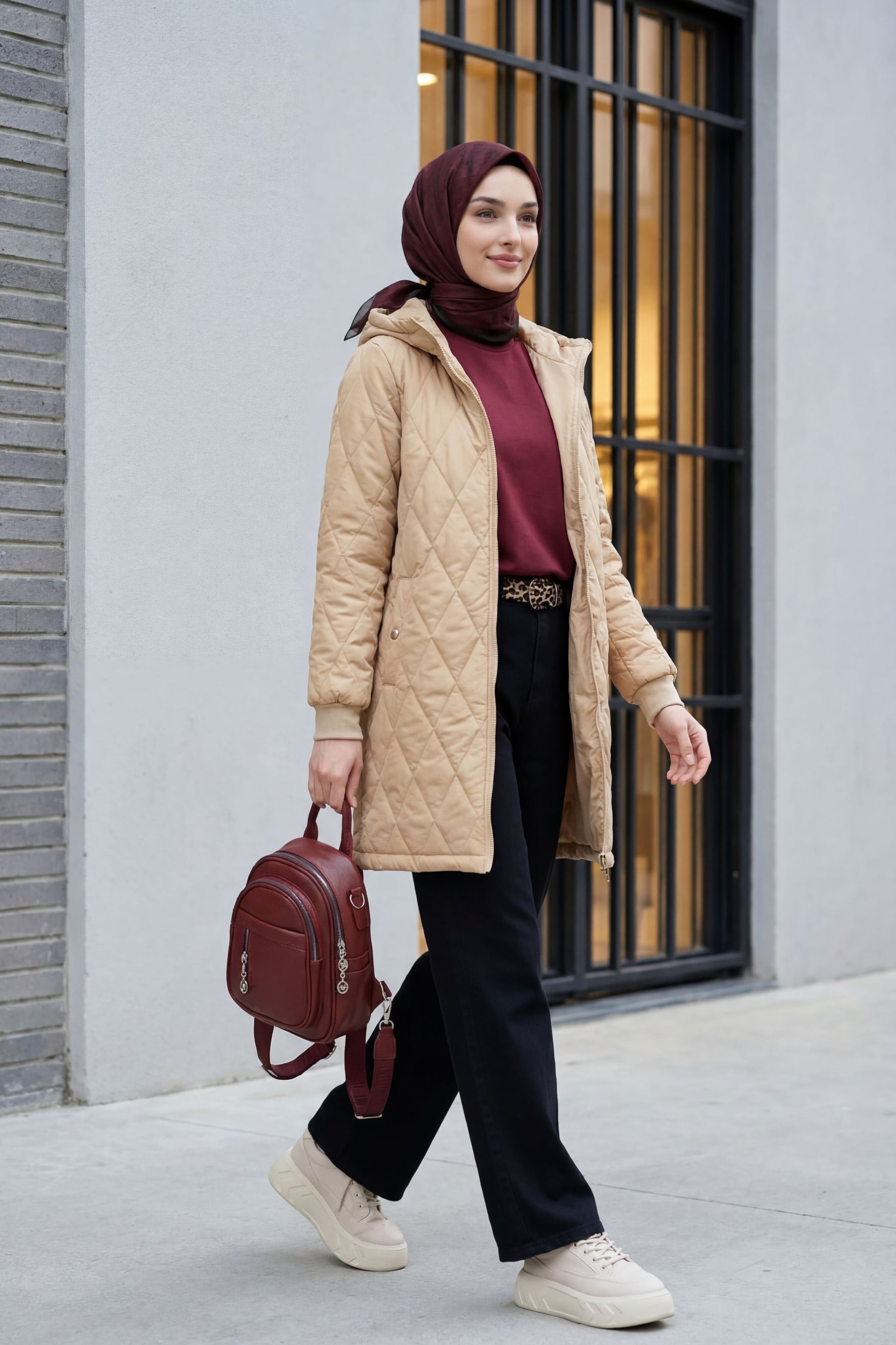 Women's Hooded Quilted Longline Jacket in Beige - Podyumplus - by Peralane - photo 2