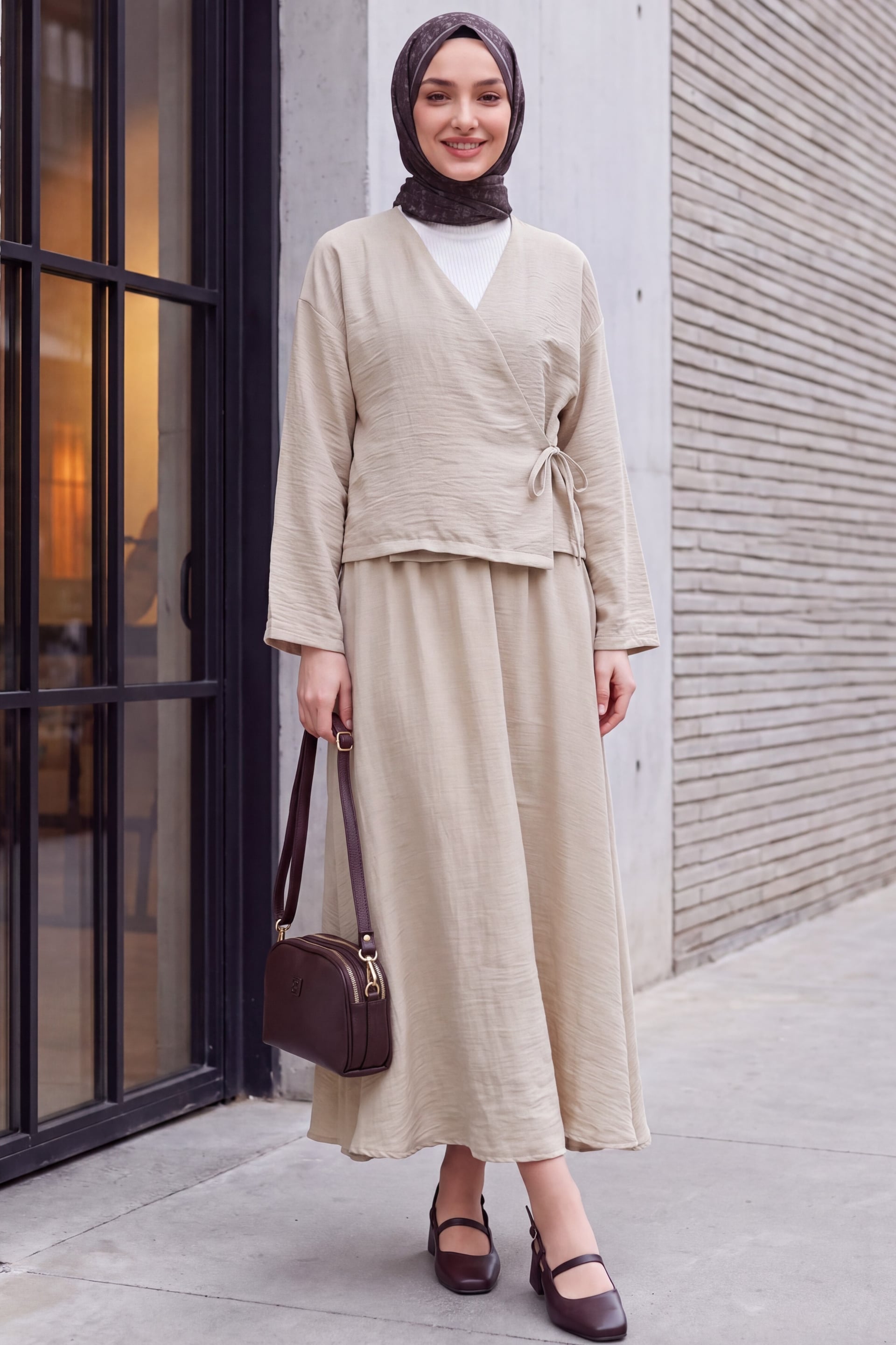 Side-Tie Linen Look Two-Piece Set with Maxi Skirt - Stone Color - Podyumplus - by Peralane - photo 2