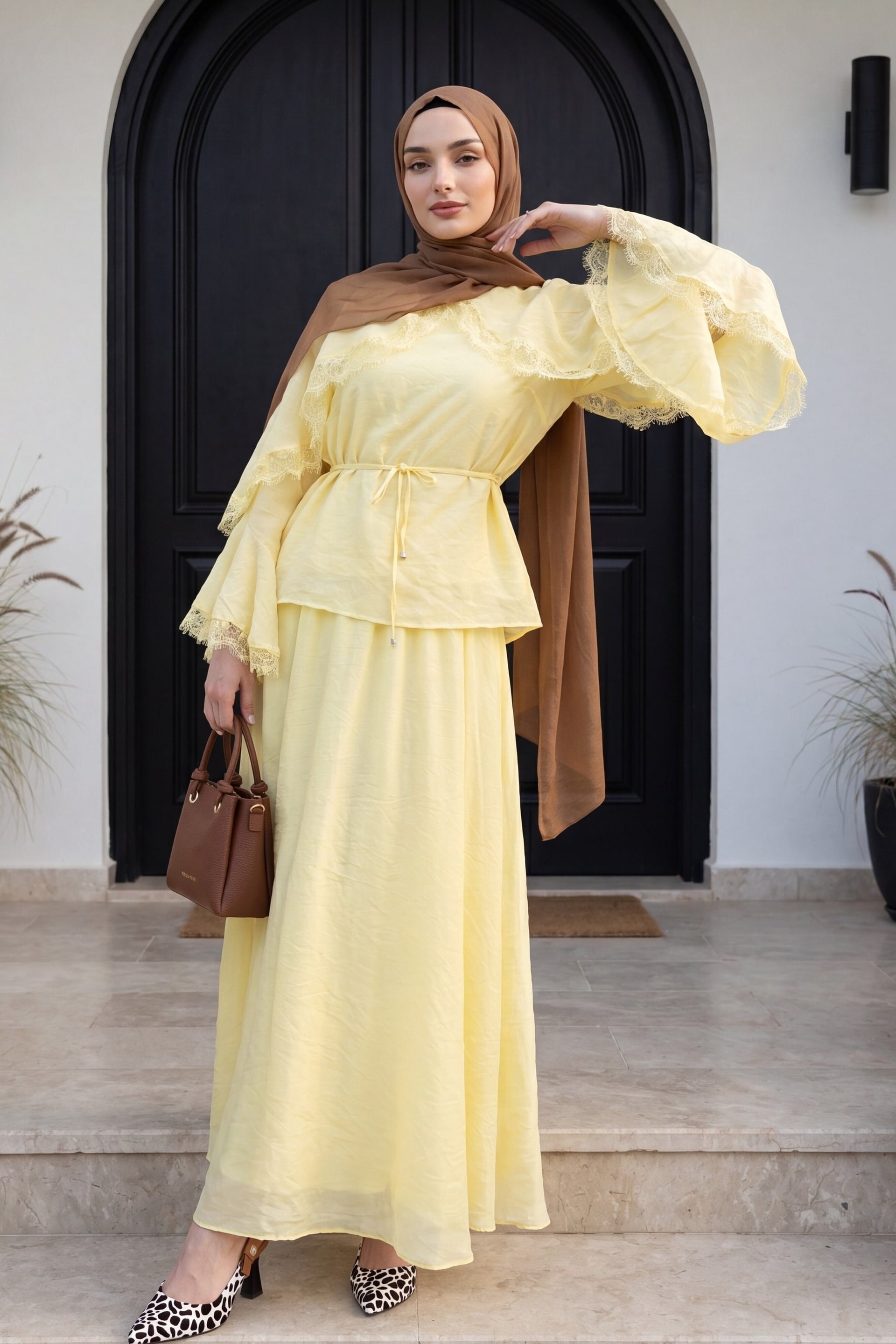 Lace Detail Spanish Sleeve Lined Belted Tulle Voile Skirt Set - Yellow - Podyumplus - by Peralane - photo 3