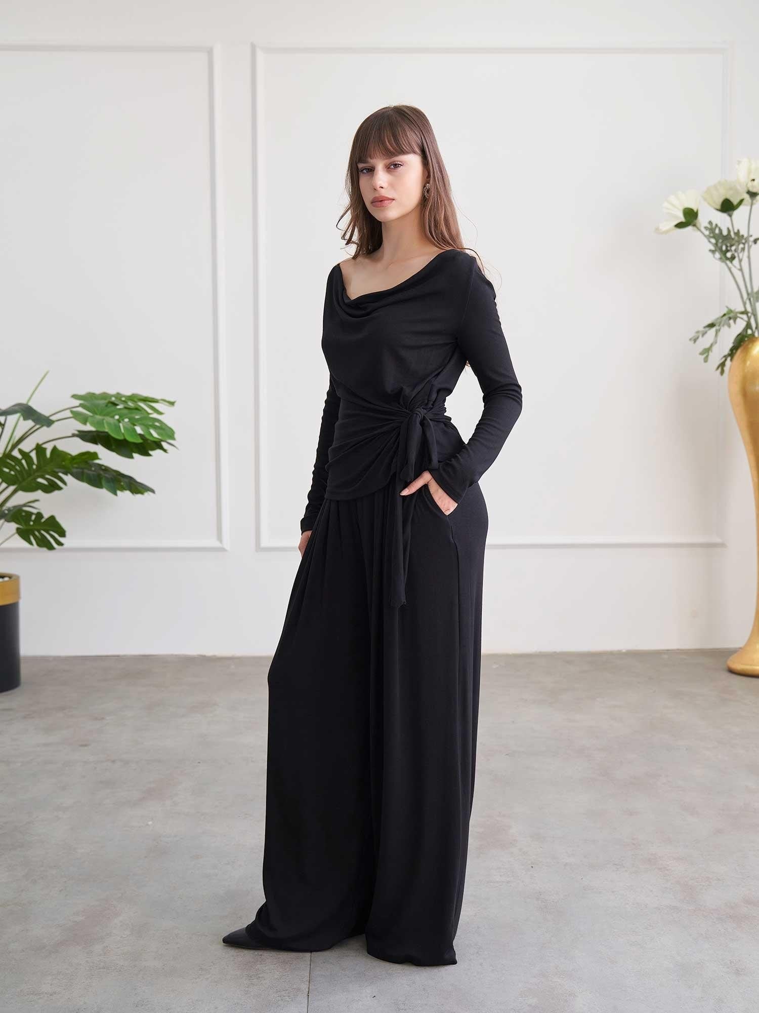 Black Drape Detail Knit Set with Wide-Leg Trousers - Lefon - by Peralane - photo 2