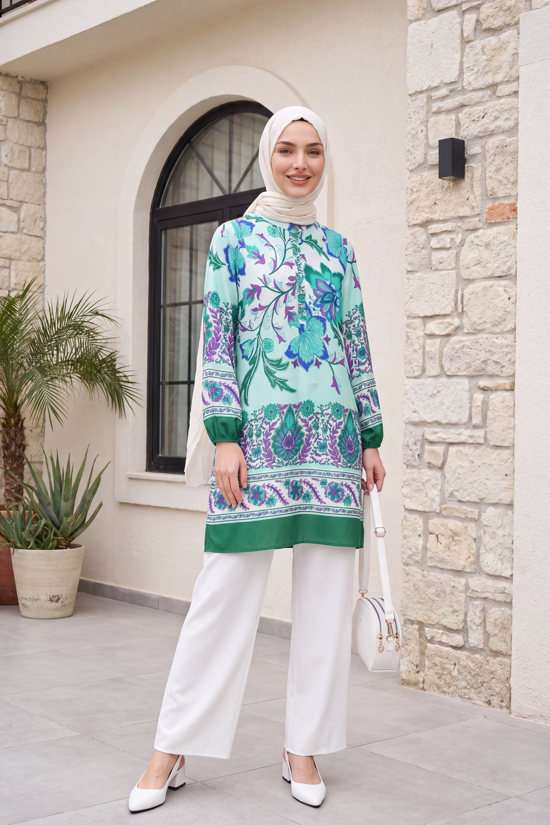 Floral Print Half Button Cotton Viscose Tunic - Green - Podyumplus - by Peralane - photo 3