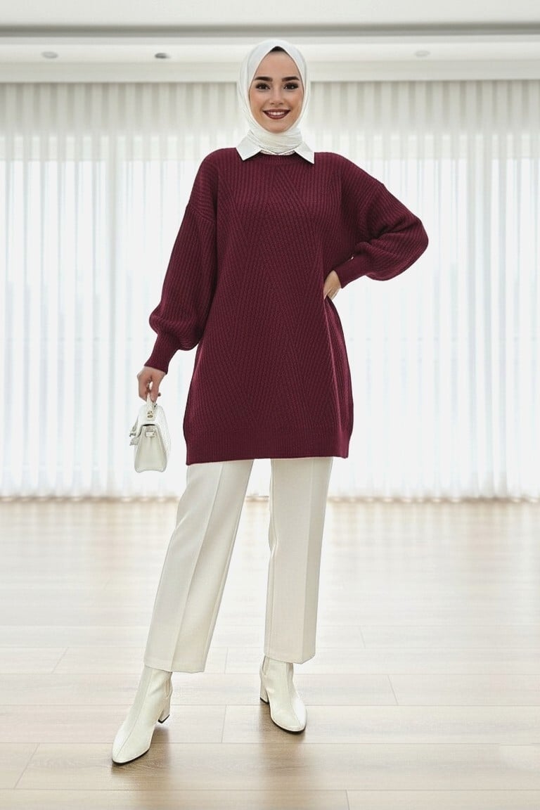 Burgundy Ribbed Knit Tunic with Contrast Collar - Podyumplus - by Peralane - photo 2