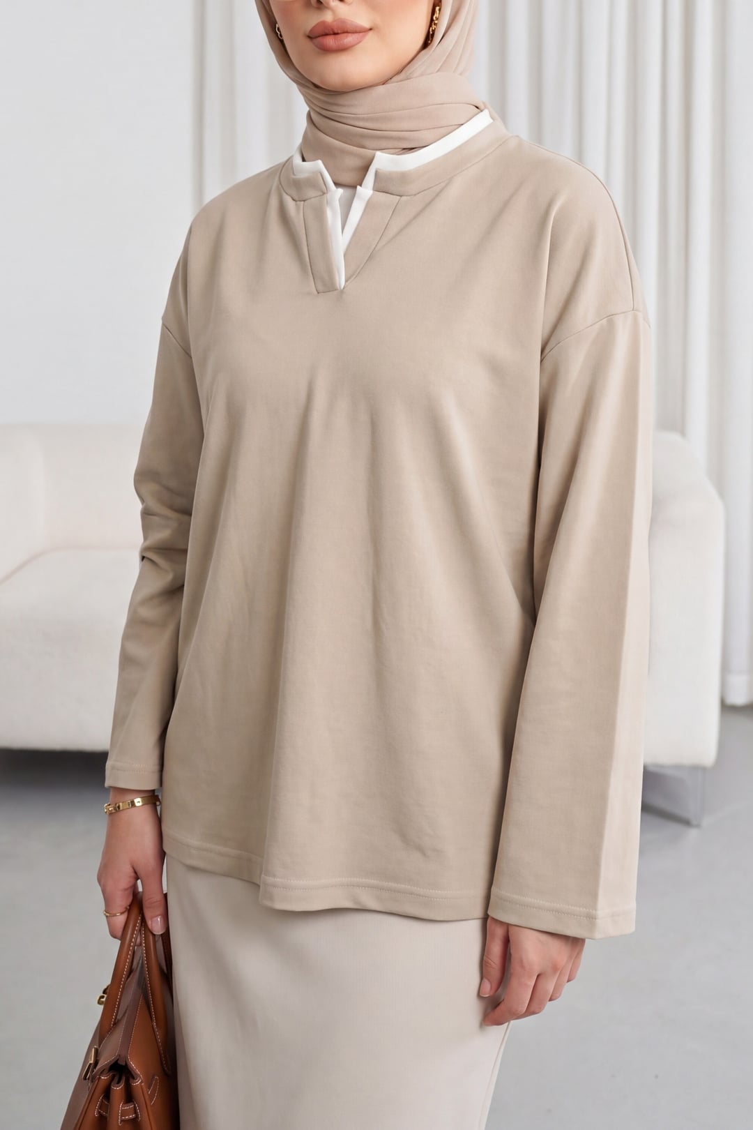 V-Neck Double Layer 2-Thread Jersey Blouse - Light Beige - Podyumplus - by Peralane - photo 2