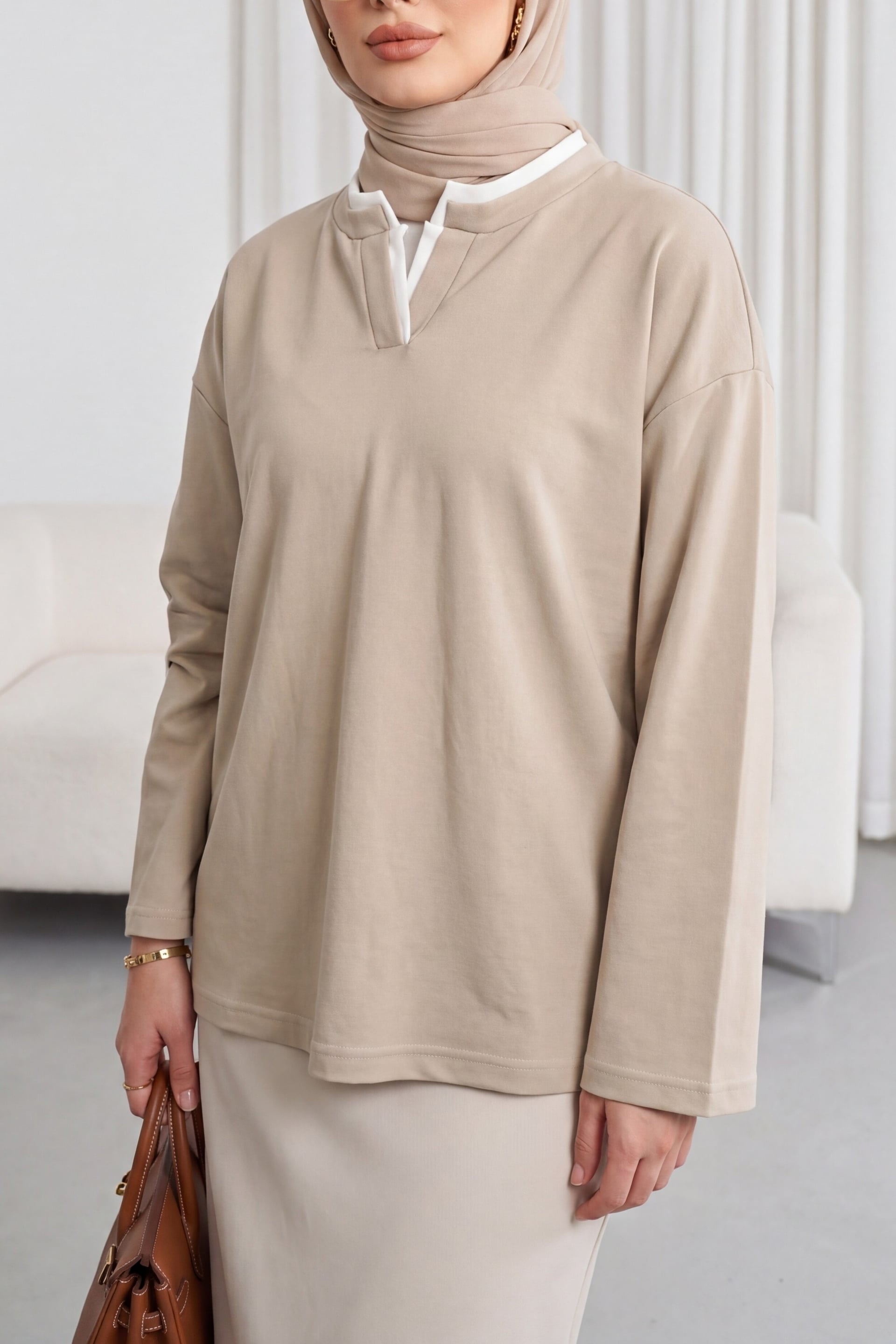 V-Neck Double Layer 2-Thread Jersey Blouse - Light Beige - Podyumplus - by Peralane - photo 2