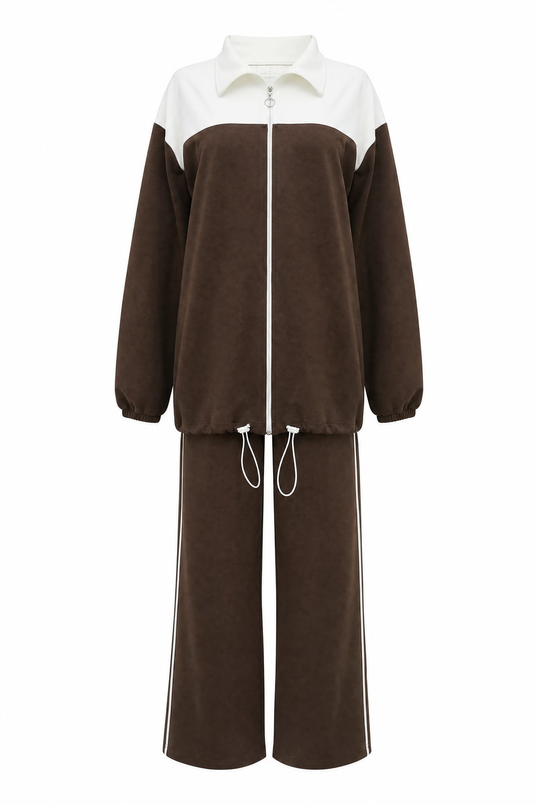 Zip-Front Ribbed Knit Tracksuit Set with Elastic Cuffs and Hem - Brown - Podyumplus - by Peralane - photo 5