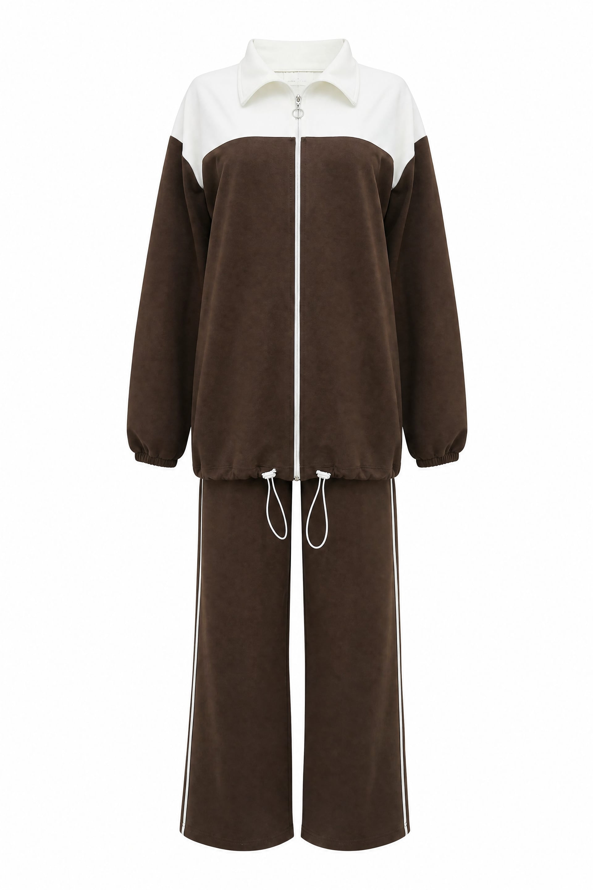 Zip-Front Ribbed Knit Tracksuit Set with Elastic Cuffs and Hem - Brown - Podyumplus - by Peralane - photo 5