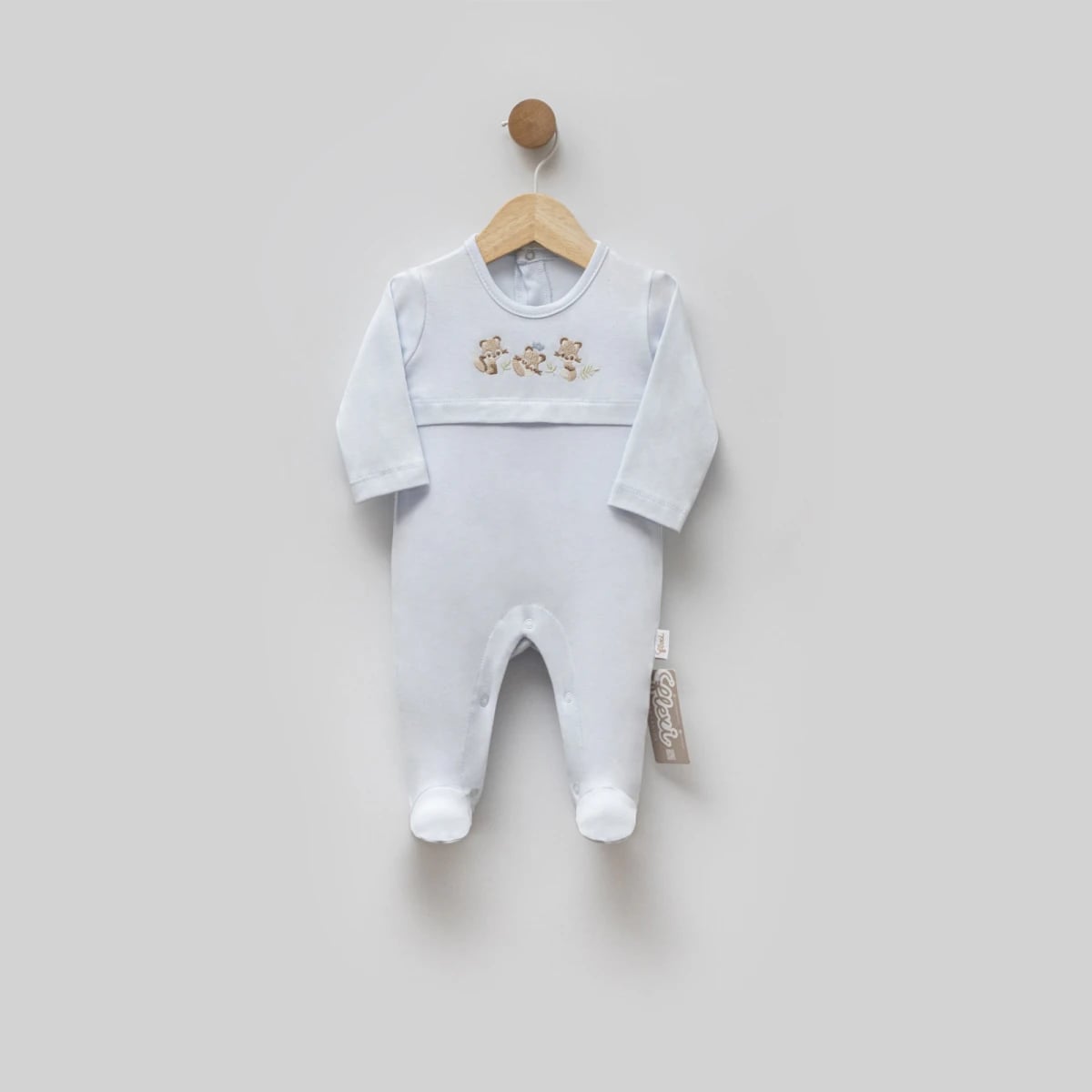 Baby Footed Romper with Teddy Bear Embroidery - Light Blue (Pack of 3) - Flexi Baby - by Peralane