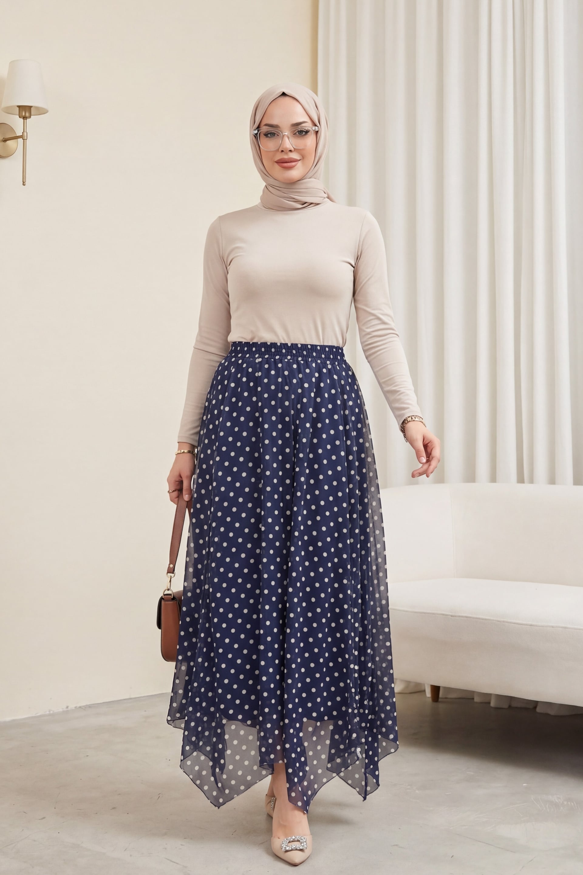 Navy Blue Polka Dot Sheer Layered Skirt with Cream Blouse Set - Podyumplus - by Peralane - photo 2