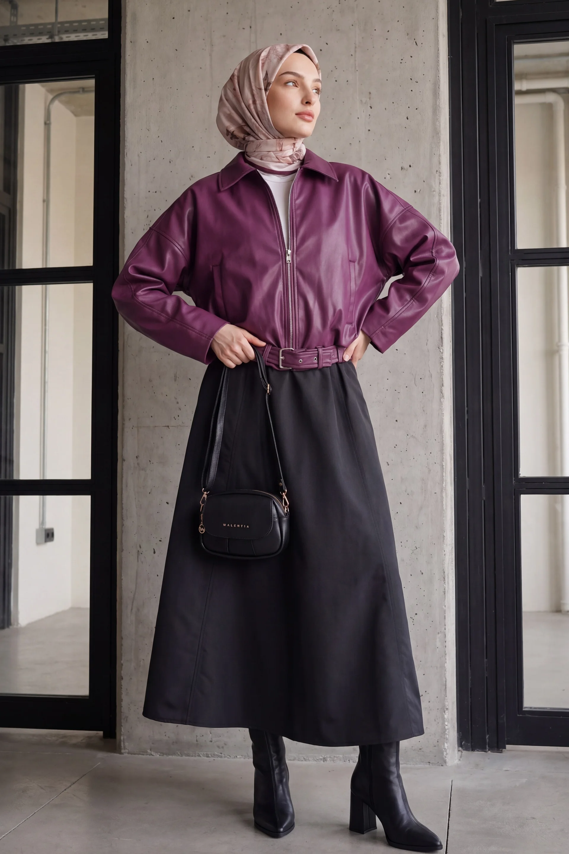 Women's Belted Faux Leather Jacket - Plum - Bigdart - by Peralane - photo 4