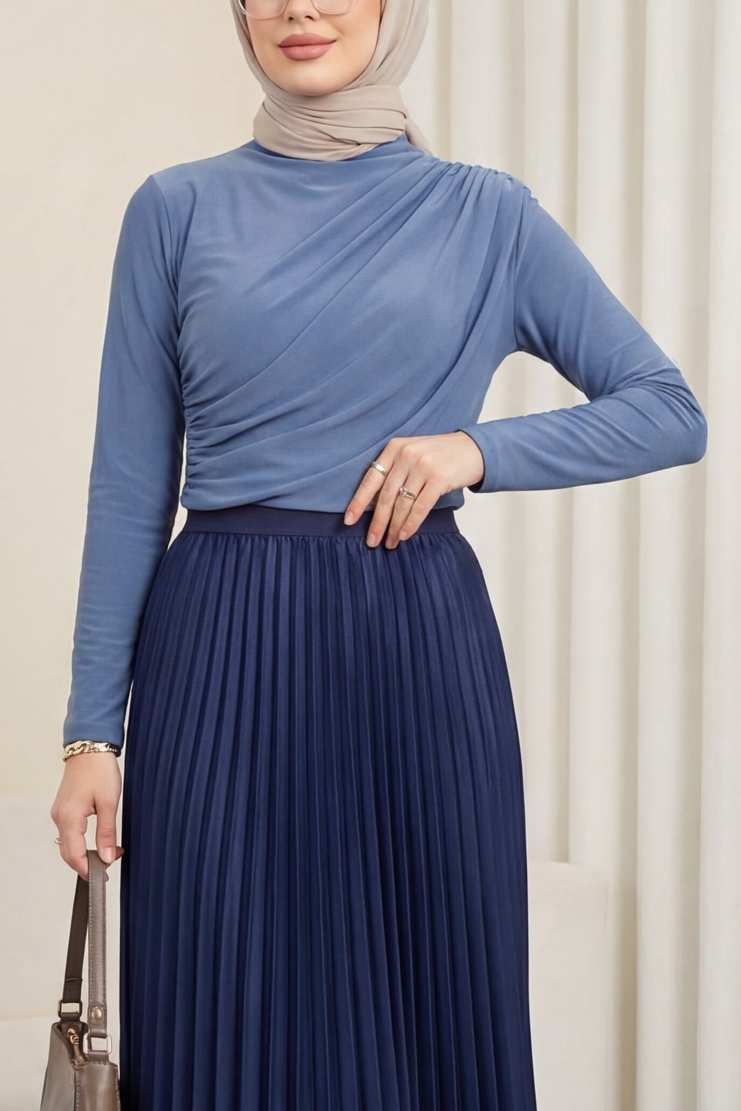 Half Turtleneck Pleated Front Blouse - Indigo - Podyumplus - by Peralane - photo 5